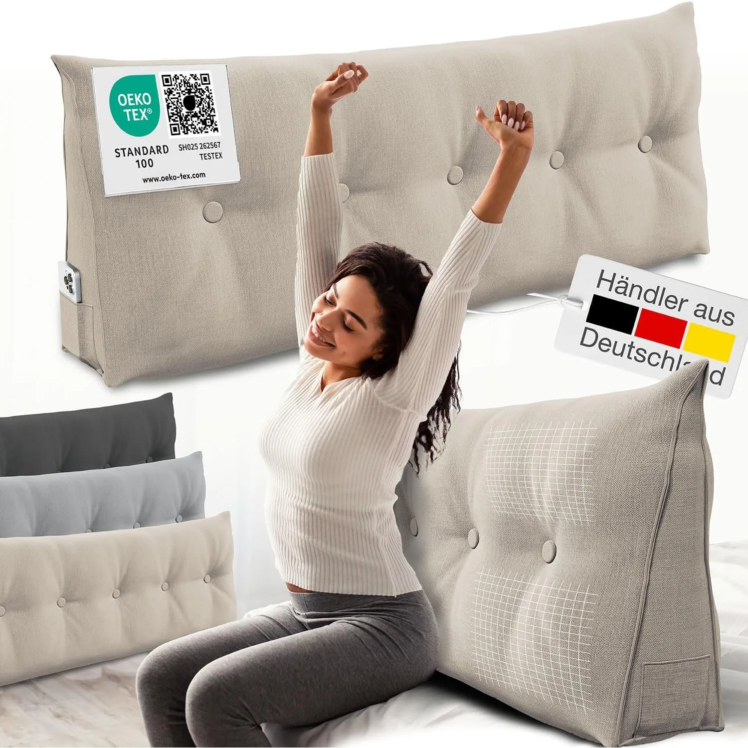 ELONEO Rückenkissen 140 cm breit, Keilkissen für Bett und Sofa geeignet, dreieckiges Lesekissen, Kissen mit abnehmbarem…