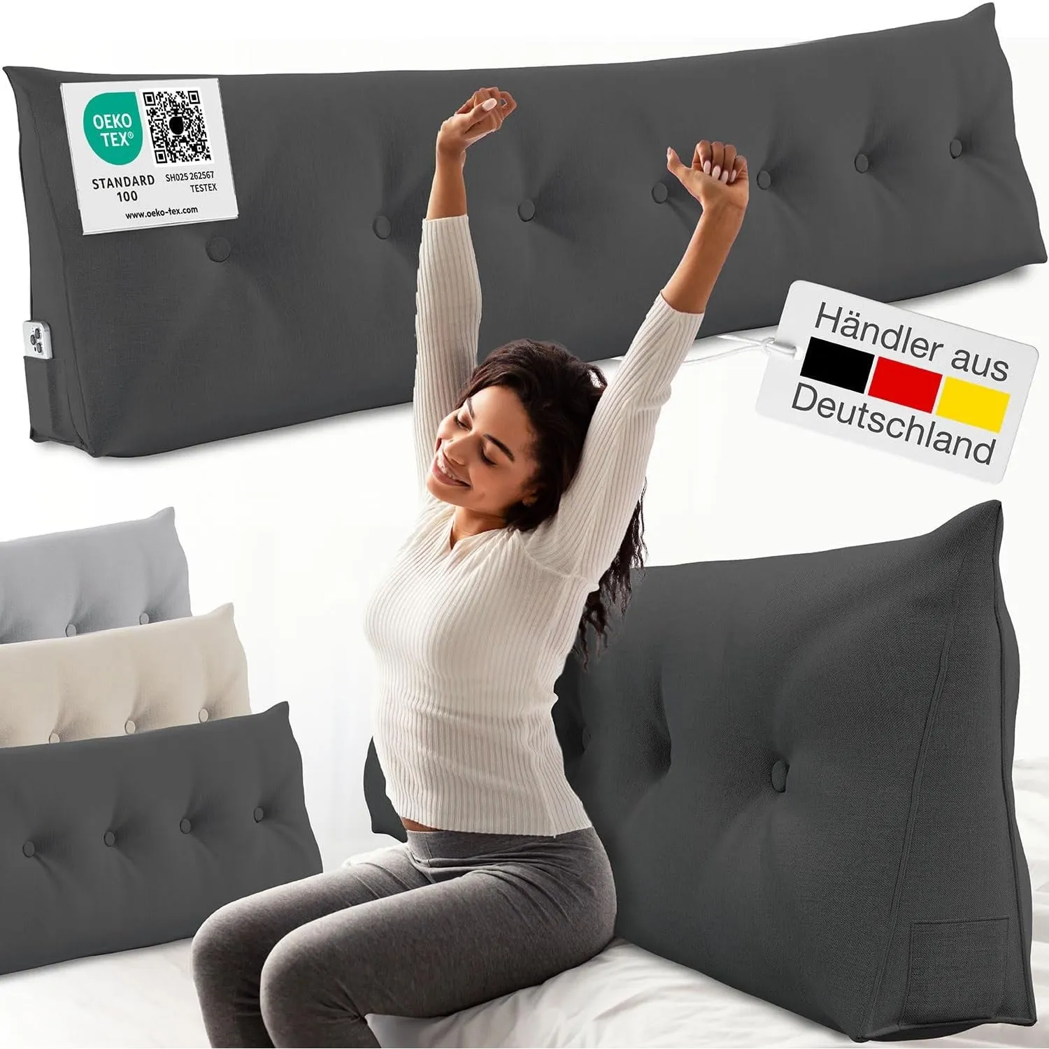 ELONEO Rückenkissen 200 cm breit, Keilkissen für Bett und Sofa geeignet, dreieckiges Lesekissen, Kissen mit abnehmbarem…