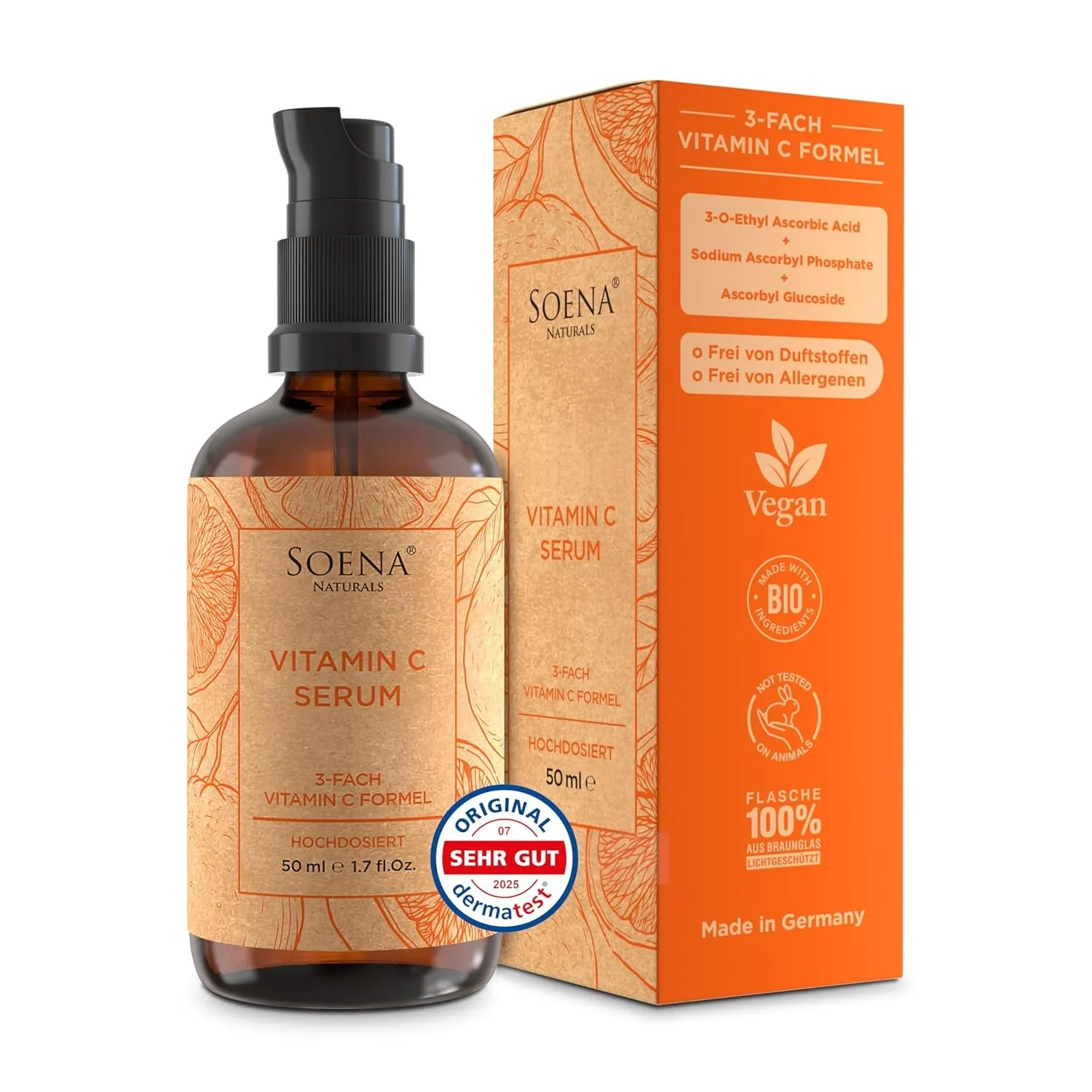 Bio-Vitamin C Serum Hochdosiert • Die 3 besten Vitamin-C-Formen + 4 Power Wirkstoffe: Hyaluronsäure, Betaine, Allantoin…