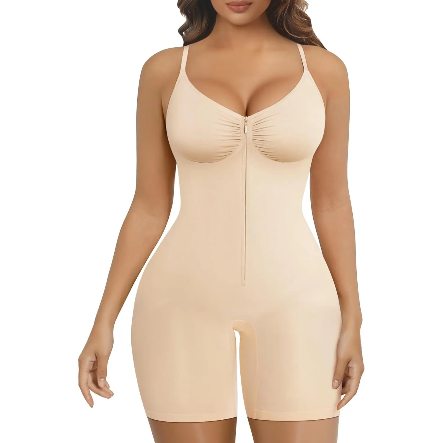 SHAPERX Shapewear Damen mit Reißverschluss Bauchweg Nahtlos Body Shaper mit Hakenverschluss Mid-Thigh Bodysuit Figurfor…
