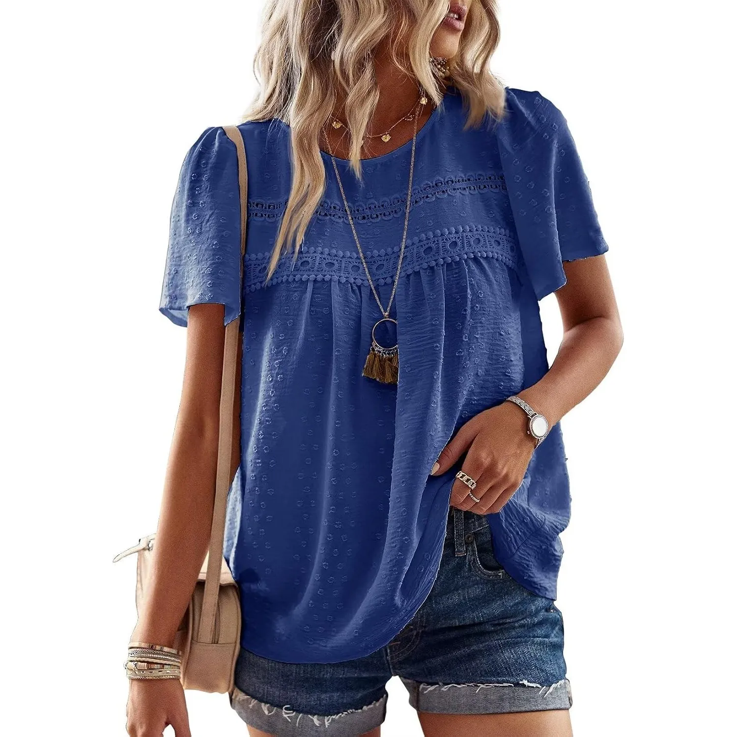 Top Damen Sommer Boho Bluse Kurzarm Oberteile Elegant Rundhals | Swiss Dot T Shirt, Süß Casual Tunika, Lässig Fließend …