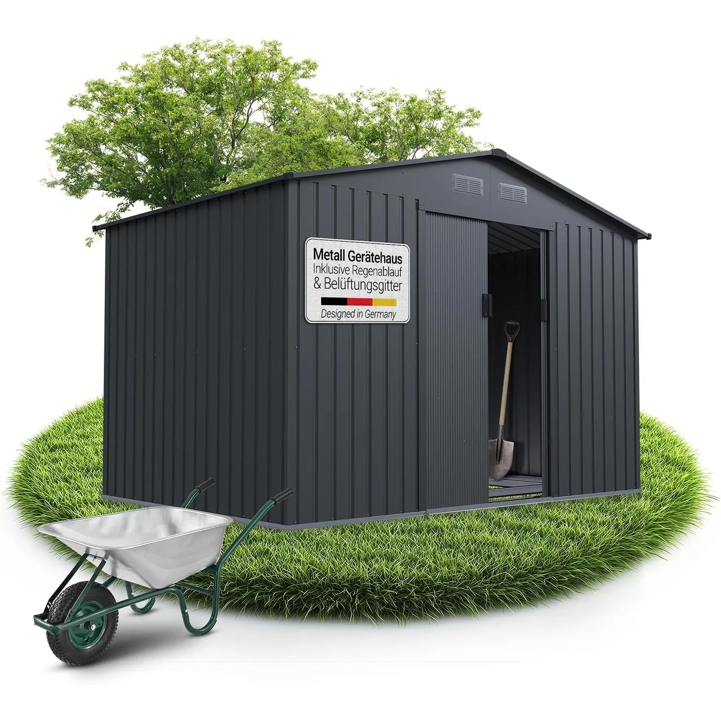 Juskys Geräteschuppen Metall XL – Gartenhaus & Gerätehaus mit Schiebetür, Fundamentrahmen & Schloss, wetterfester Garte…