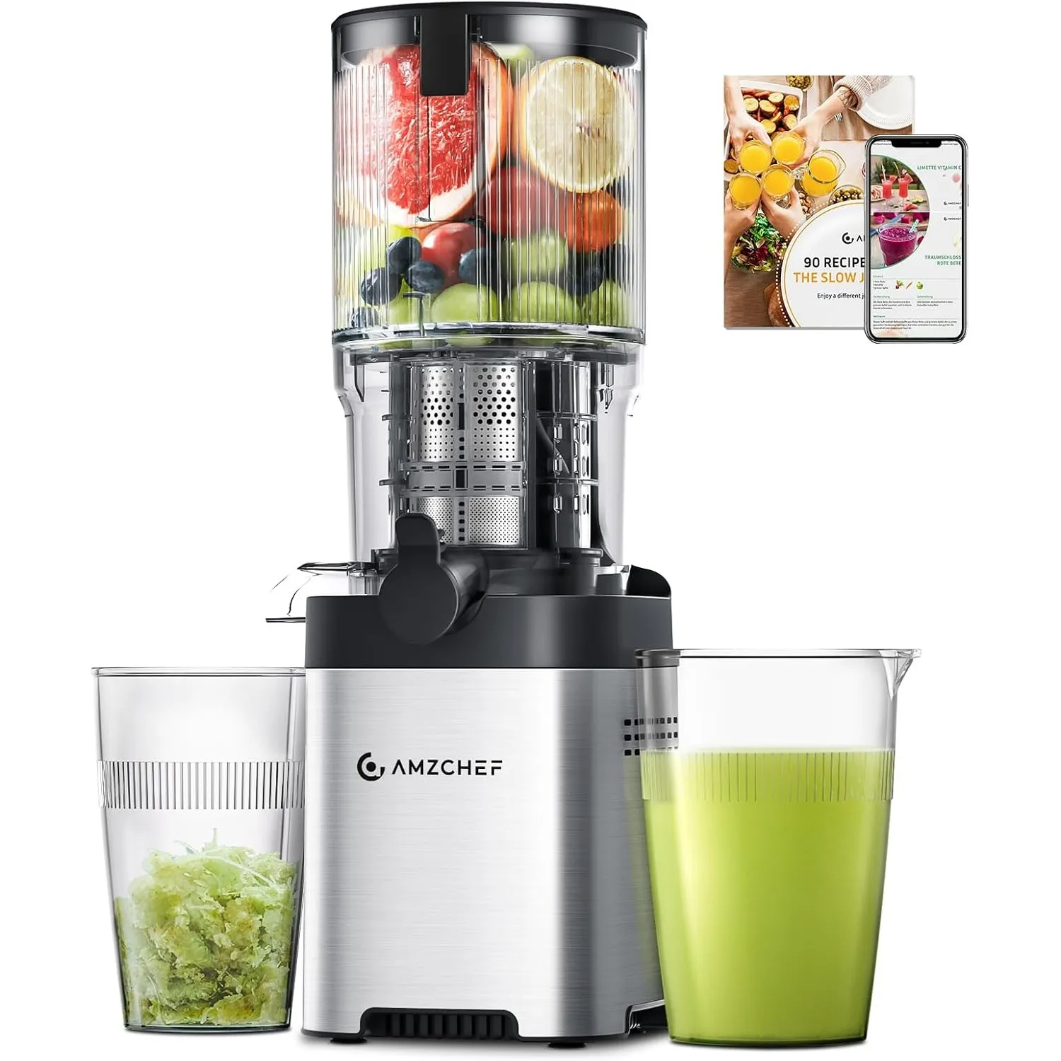 AMZCHEF Entsafter Slow Juicer 136 mm – Saftpresse Elektrisch für Gemüse & Obst – Cold Press Juicer mit 2 Filtern – Leis…