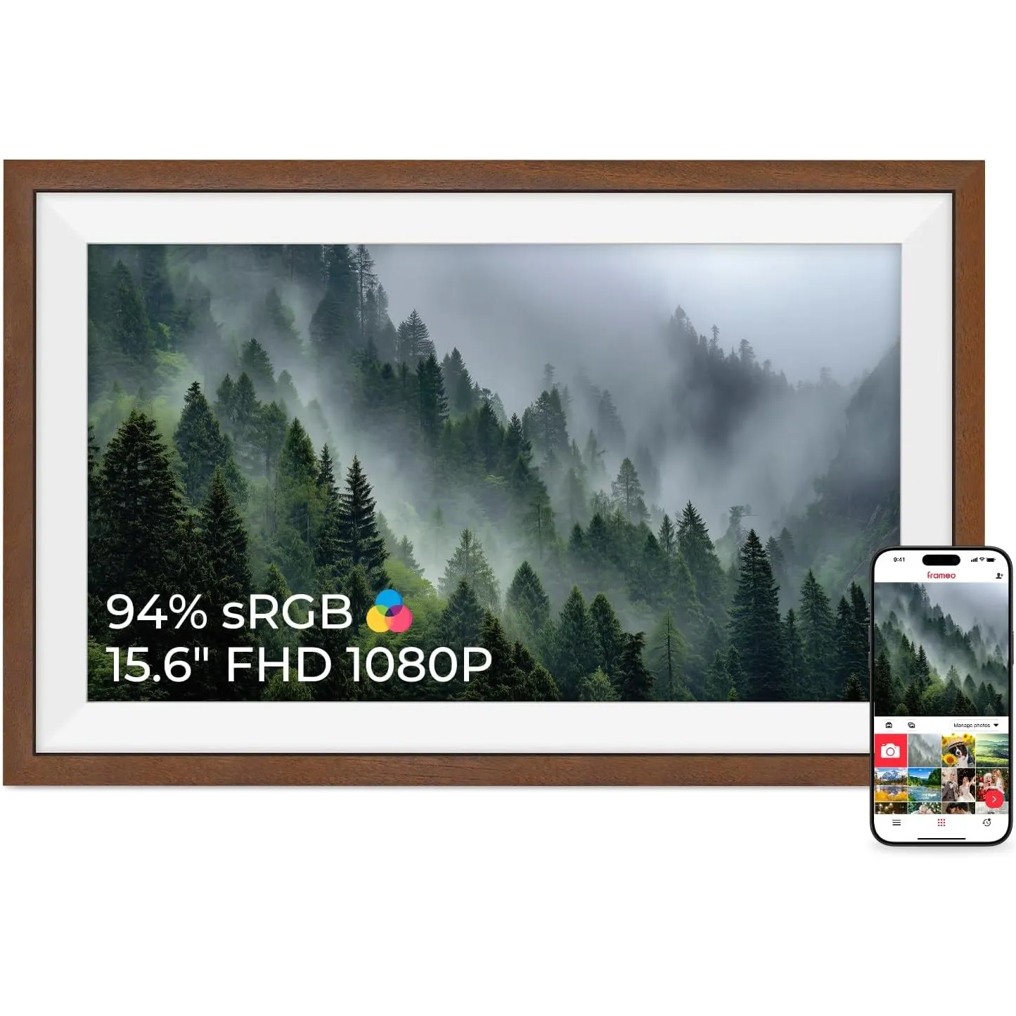 Frameo Groß Digitaler Bilderrahmen WLAN 15.6 Zoll 94% sRGB 1920 * 1080 FHD IPS Touchscreen, Walnussholz Elektronischer …