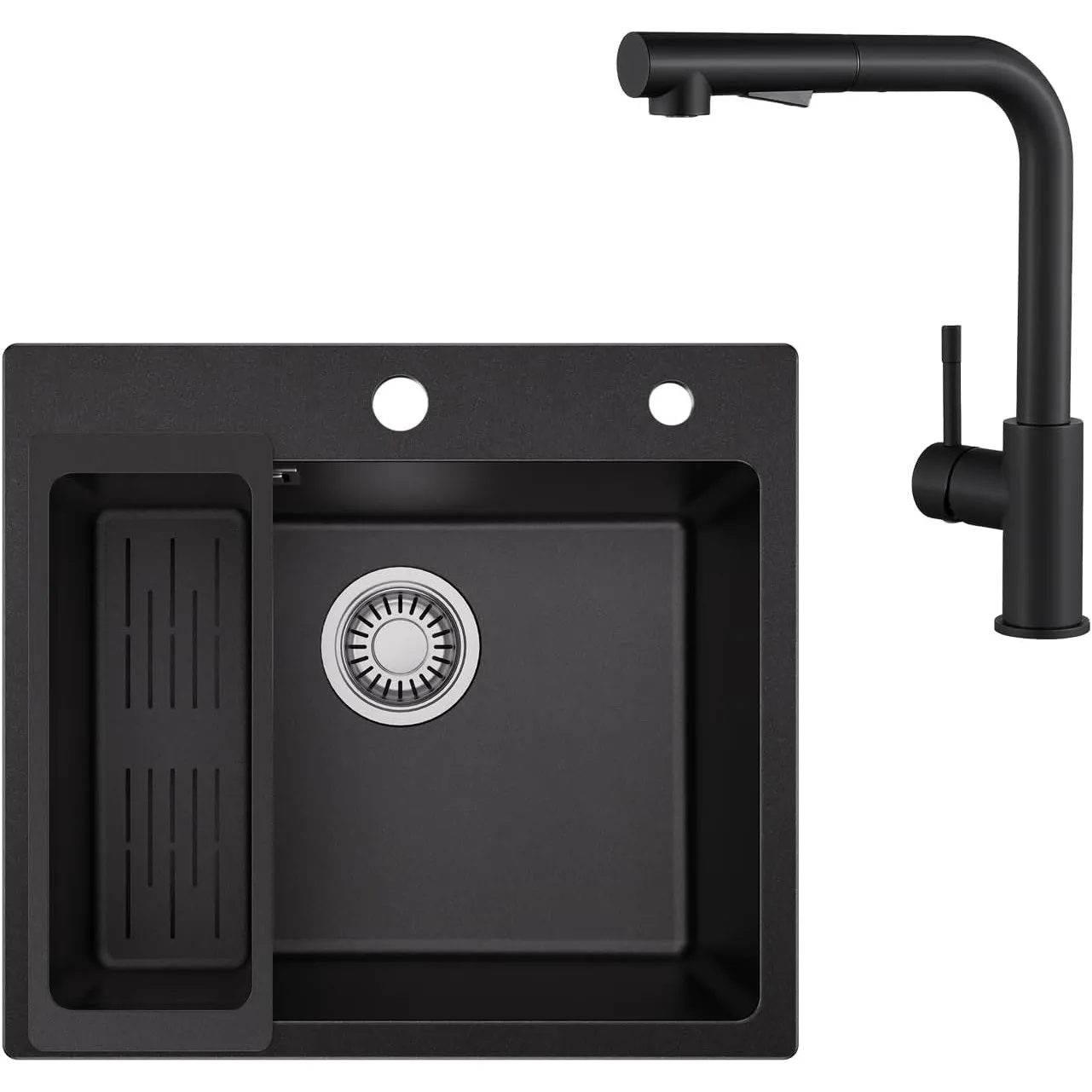 Spüle Schwarz 50x45 mit Wasserhahn Küche ausziehbar Set, Spülbecken