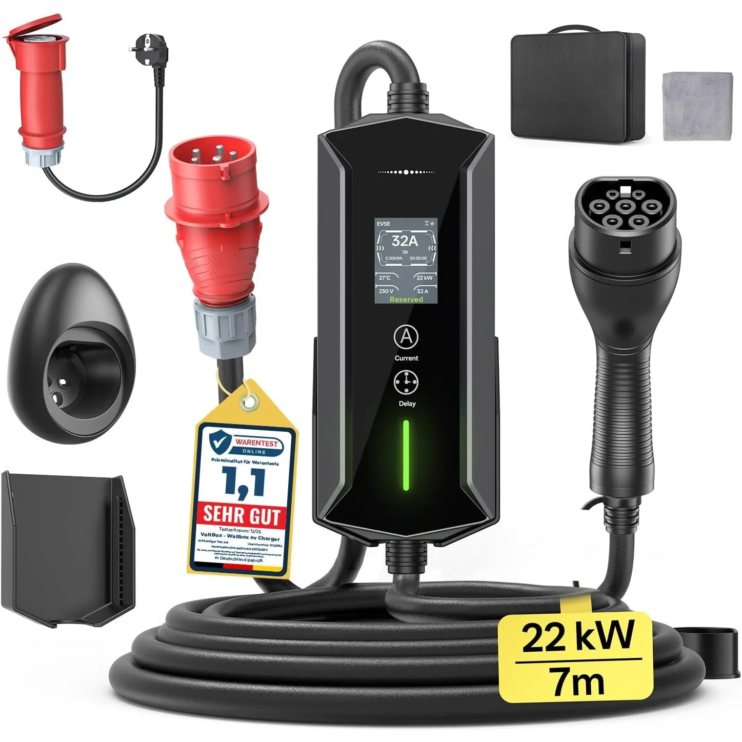 Mobile Wallbox 22kW 7M 6-32A, EV Charger mit CEE Adapter Typ 2 Ladekabel