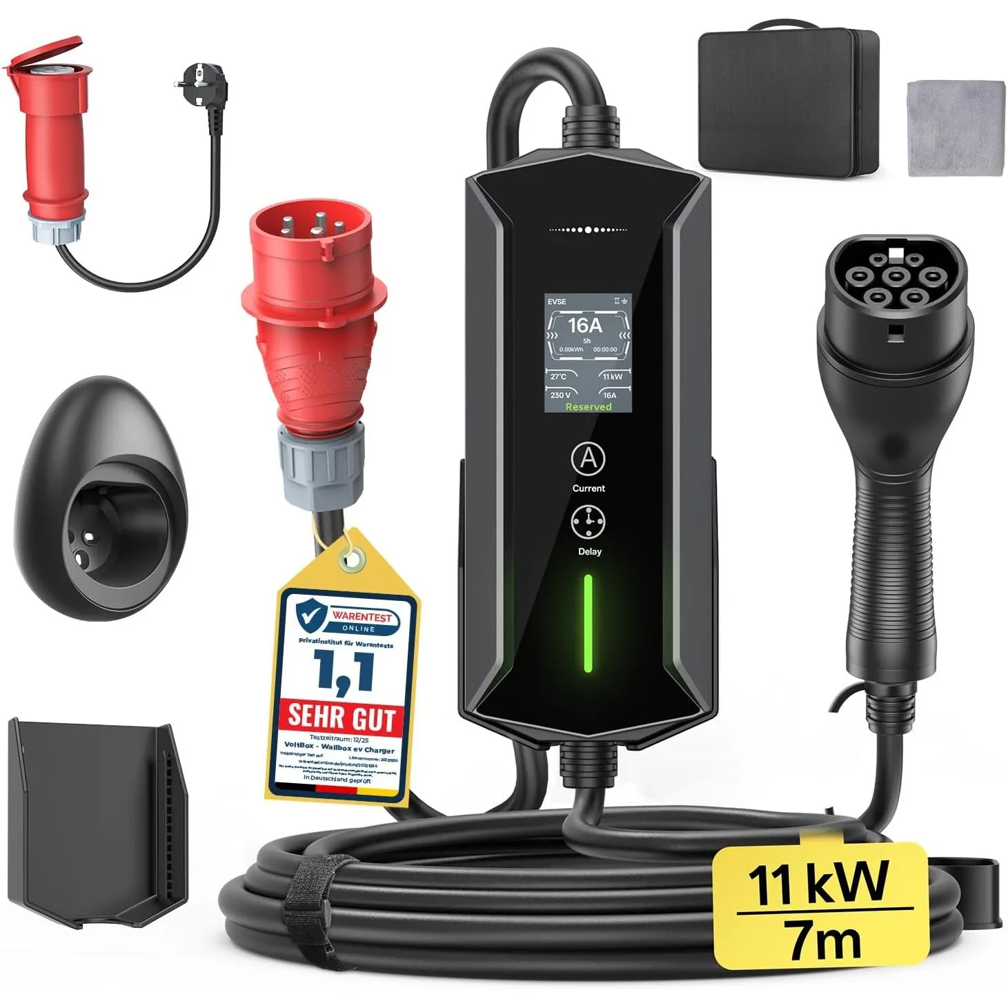 Mobile Wallbox 11kW 7M 6-16A, EV Charger mit CEE Adapter Typ 2 Ladekabel
