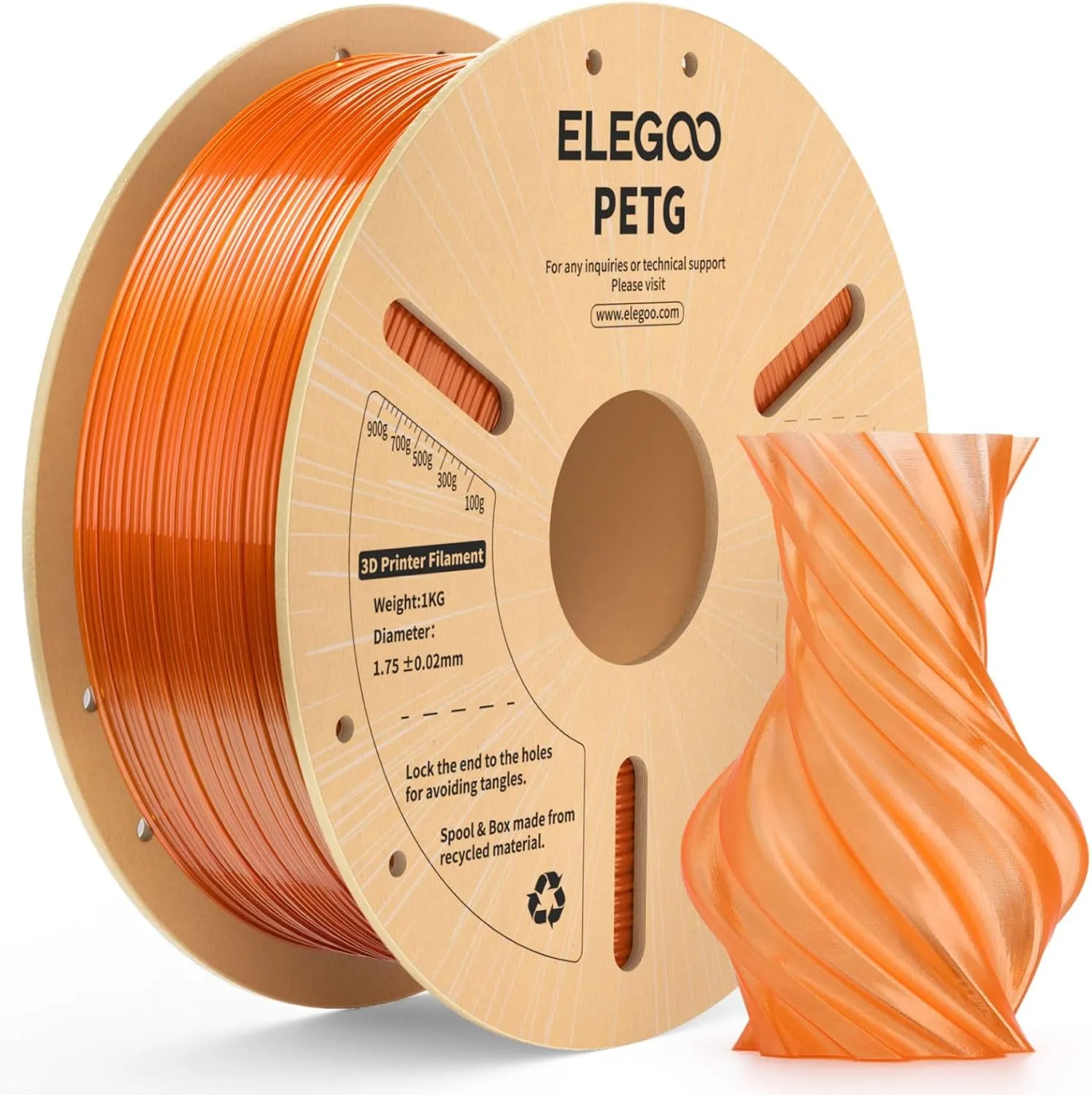 ELEGOO PETG Filament 1.75 mm Translucent Orange 1 kg, Transparent 3D Printer Filament, High Precision, Robust and Durab…