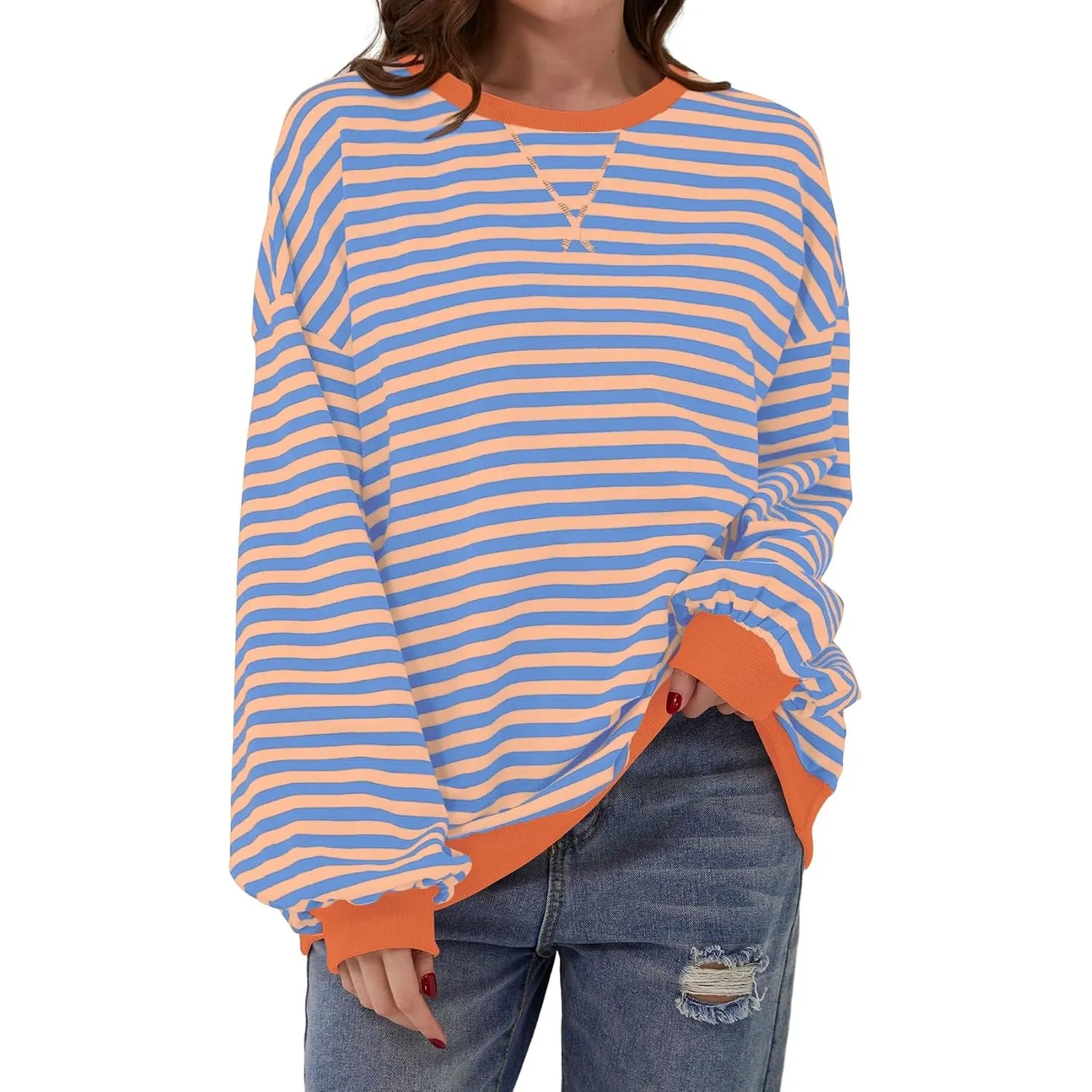 DUOEASE Pullover Damen Streifen Oversize Pullover Langarm Herbst Rundhals Sweatshirt Y2K Oberteile