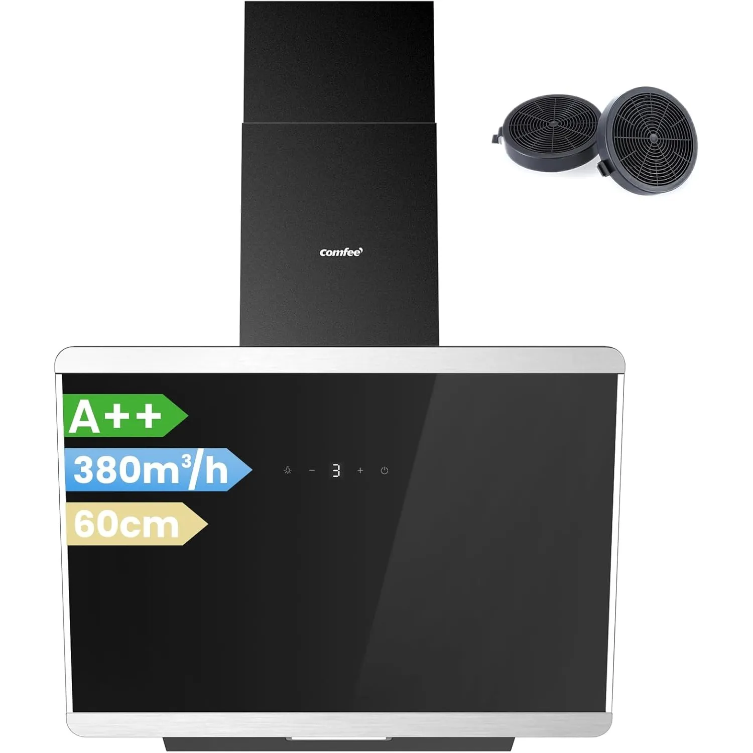 COMFEE' CH60J64ET4A2B A++ Dunstabzugshaube 60 cm, Kopffreihaube 60cm Umluft und Abluft, 380m³/h Luftstrom, Edelstahl/Gl…