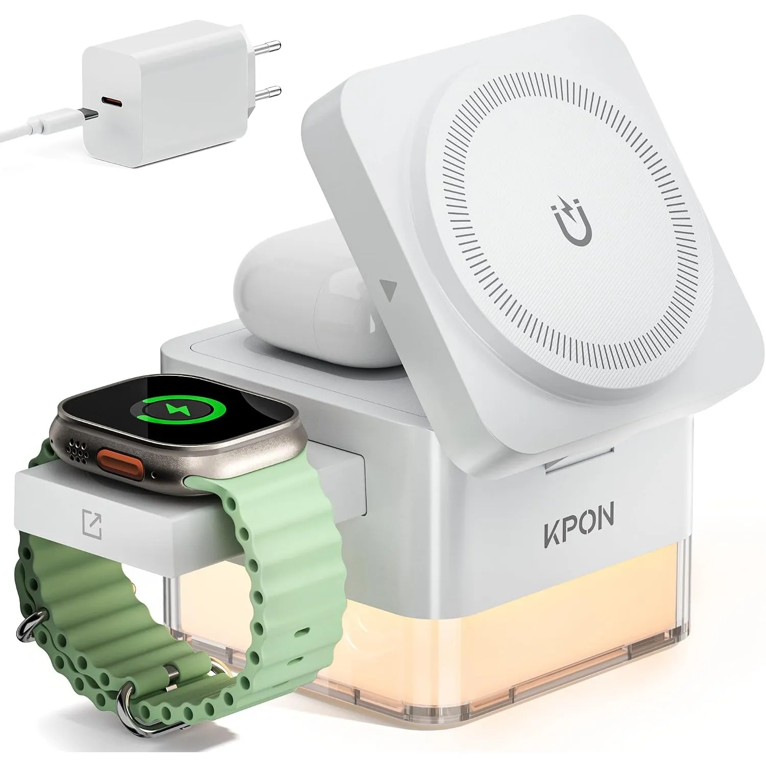 KPON Ladestation Apple Watch und iPhone für Magsafe, 3-in-1 Cube Induktive Ladestation mit Magsafe Ladegerät, Kompatibe…