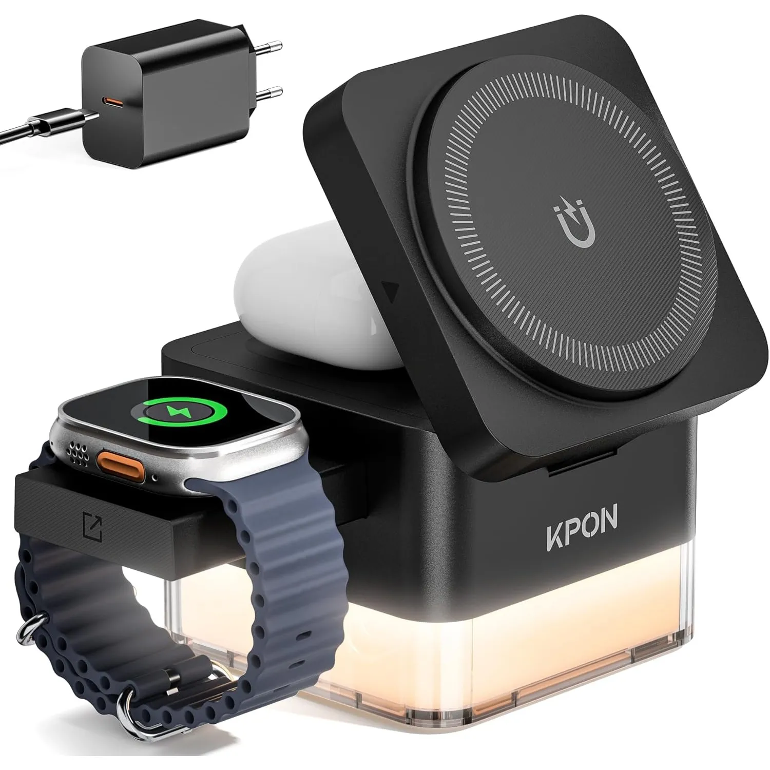 KPON Ladestation Apple Watch und iPhone für Magsafe, 3-in-1 Cube Induktive Ladestation mit Magsafe Ladegerät, Kompatibe…
