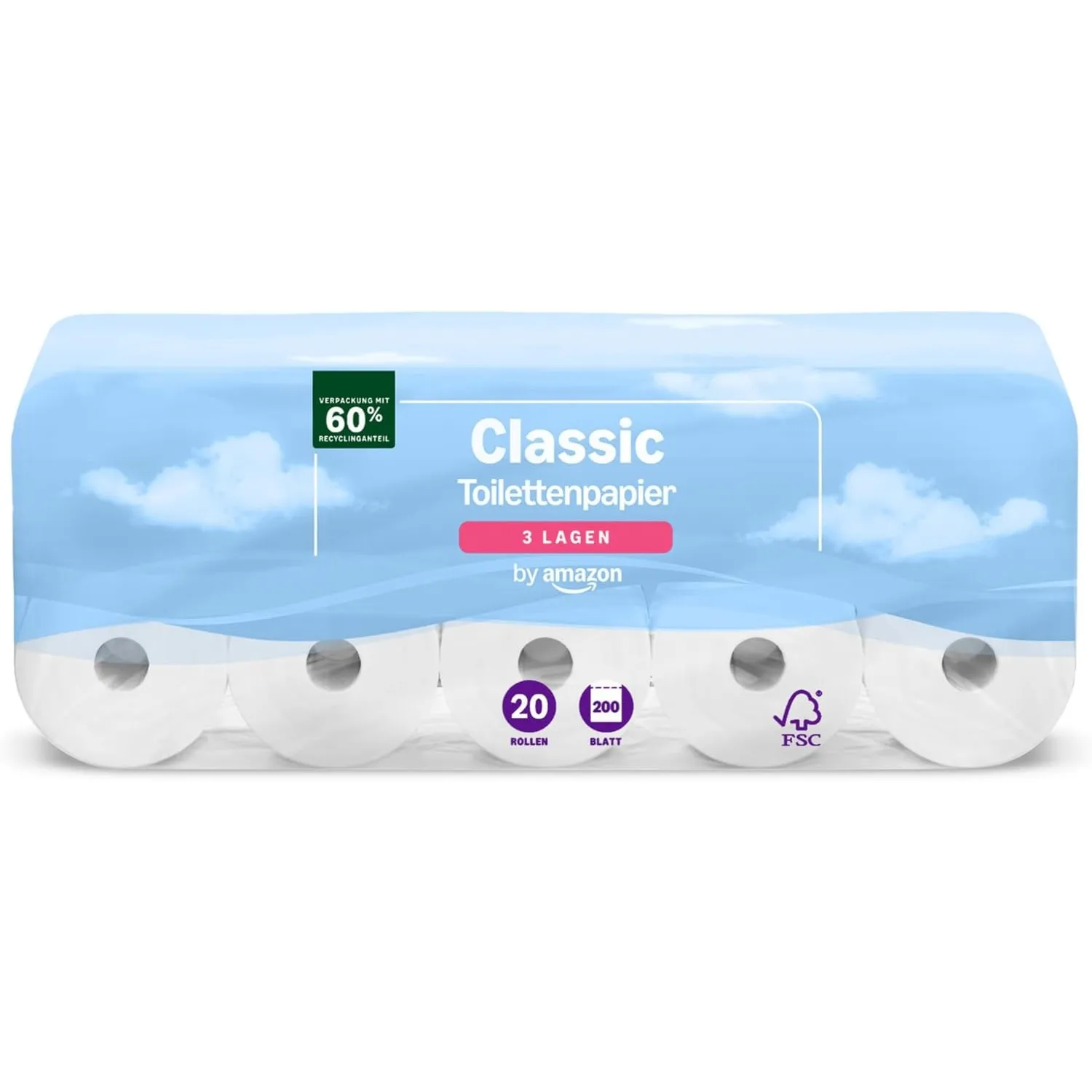 by Amazon Classic Toilettenpapier, 3-lagig, 20 Rollen (1 Packung mit 20), 200 Blatt pro Rolle, FSC-zertifiziert