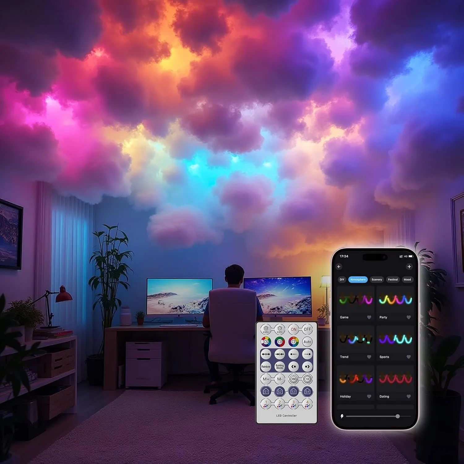 Wolkendecke LED Watte Licht, DIY RGB+IC Chasing Musik Sync 3D Baumwolle Deckenwolkenlicht mit APP und Fernbedienung zur…