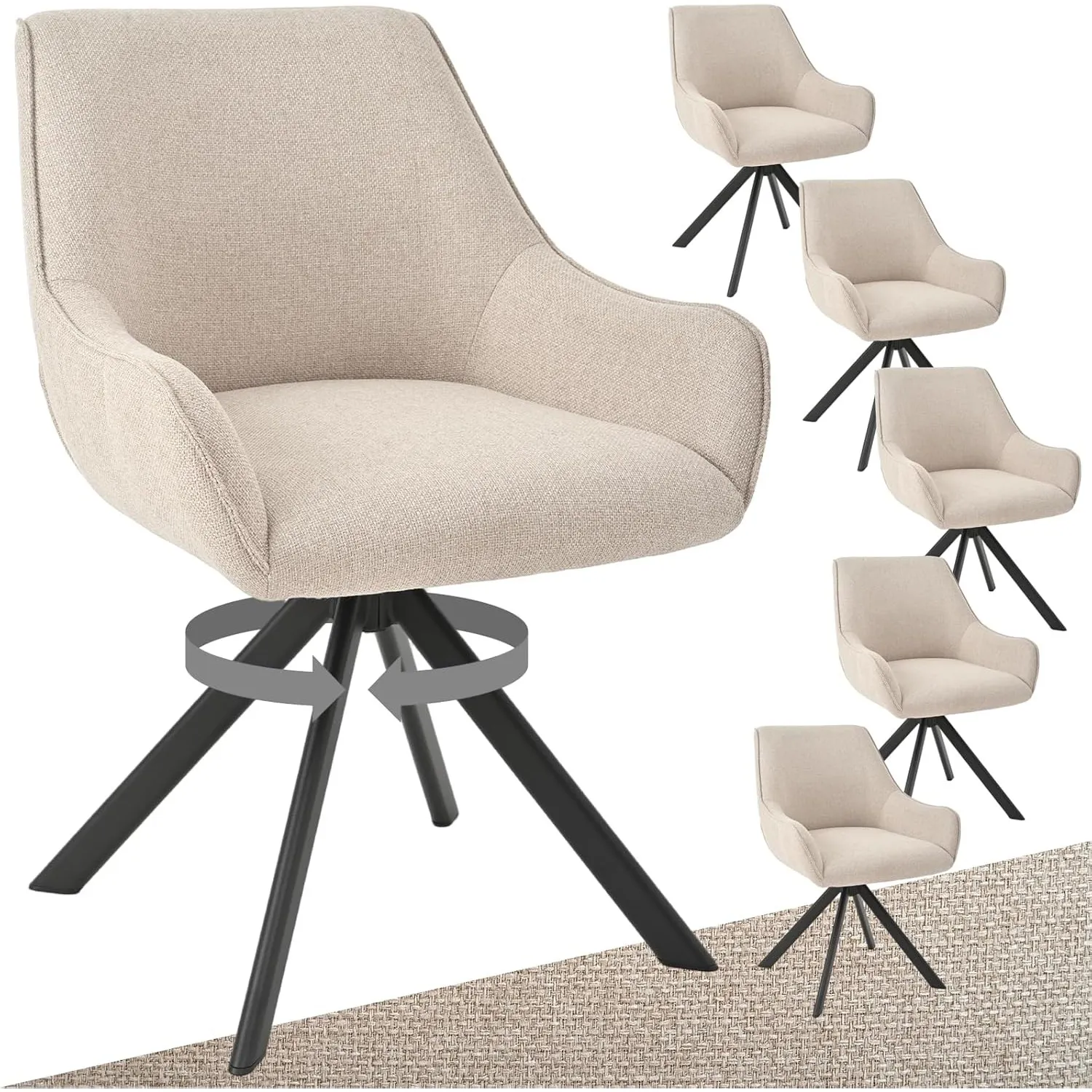 Esszimmerstühle Drehbar 6er Set mit Armlehne – 360°Drehbar Polsterstuhl Leinen Modern Drehstuhl Küchenstuhl mit Metallg…