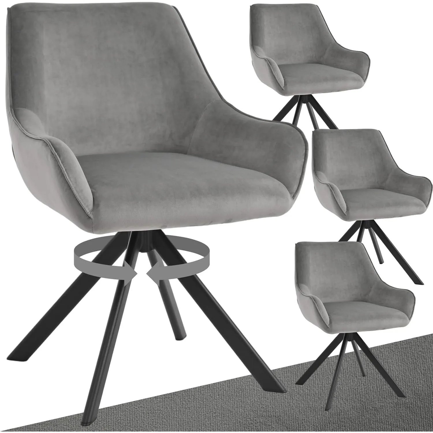 Esszimmerstühle Drehbar 4er Set mit Armlehne – 360°Drehbar Polsterstuhl Samt Modern Drehstuhl Küchenstuhl mit Metallges…