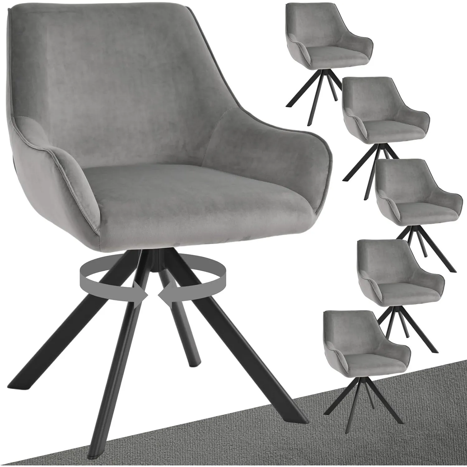 Esszimmerstühle Drehbar 6er Set mit Armlehne – 360°Drehbar Polsterstuhl Samt Modern Drehstuhl Küchenstuhl mit Metallges…