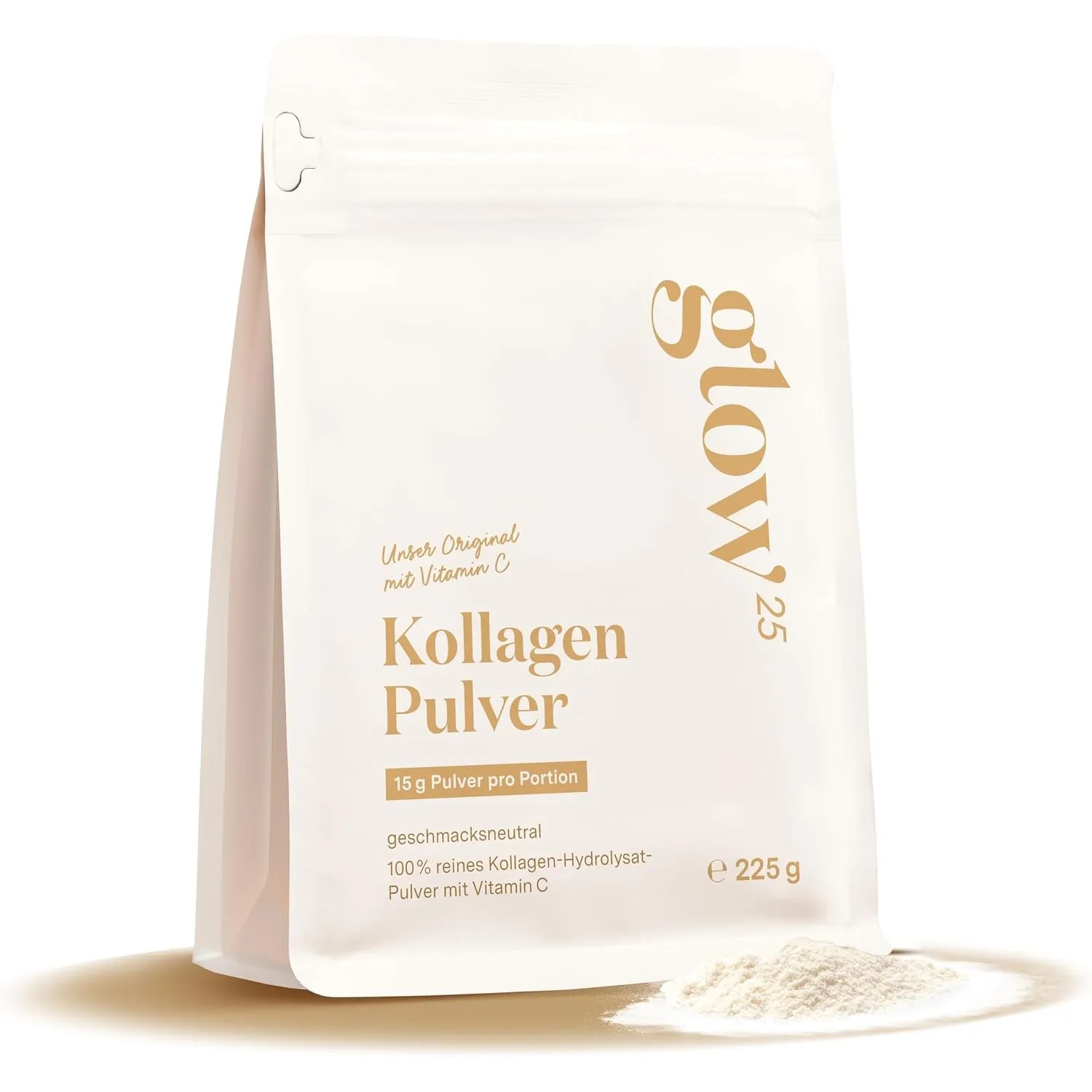 Glow25® Kollagen Pulver [225g] – Unser Original – Collagen Hydrolysat mit Vitamin C – Peptide Typ 1 und 3 – Gute Löslic…