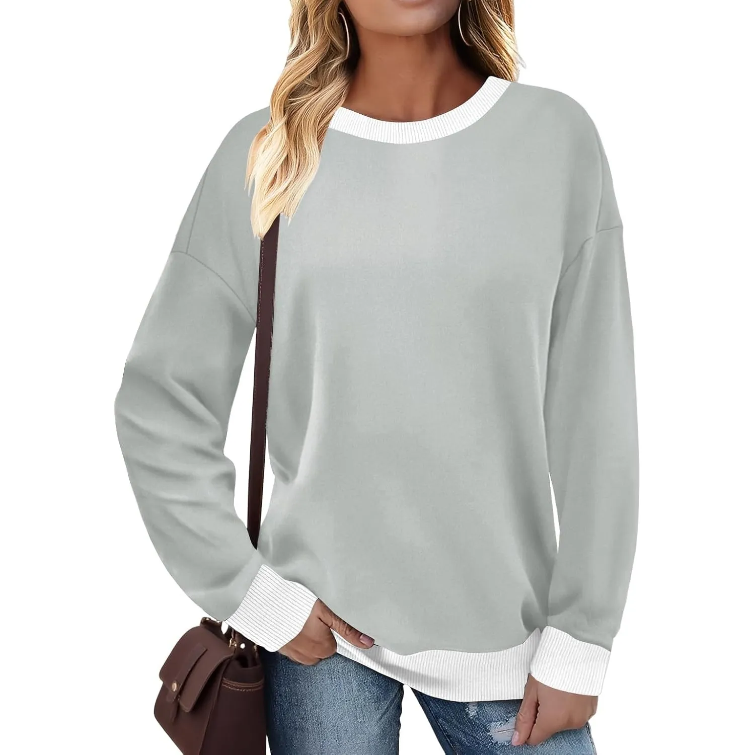 Cuptacc Pullover Damen Sweatshirt Langarm Rundhals Kontrast Langarmshirt