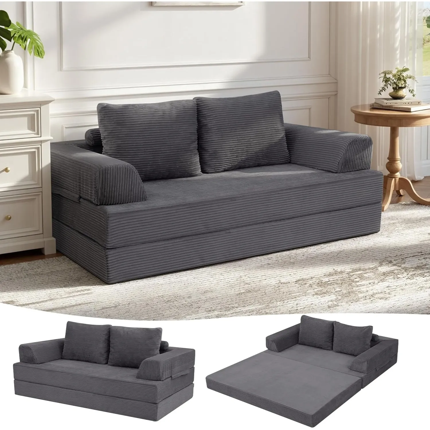 MeMoreCool Schlafsofa Cord, Klappbares Bodensofa mit Kissen, Dunkelgrau