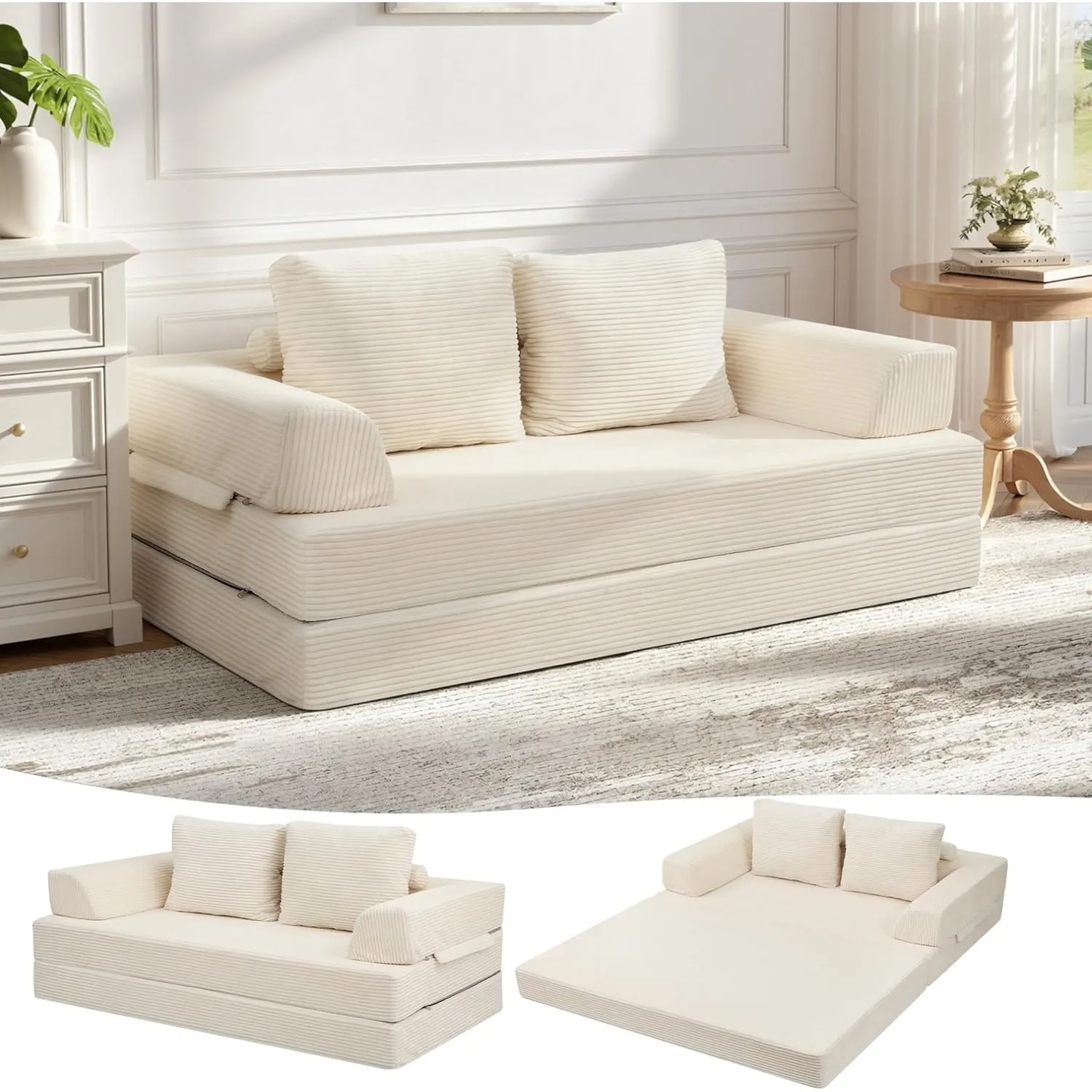 MeMoreCool Schlafsofa Cord, Klappbares Bodensofa mit Kissen, Beige