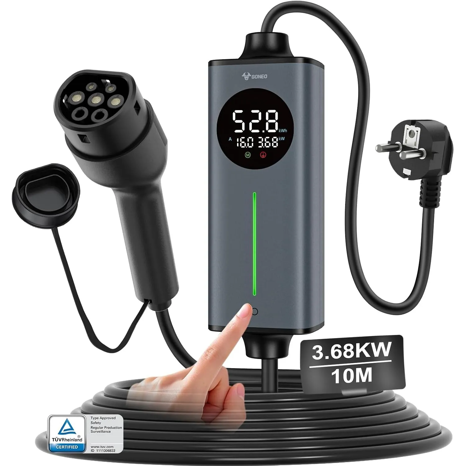 GONEO Ladekabel Typ 2 Schuko 10m 16A 3,68 kW EV-Ladegerät für E-Auto Mode 2