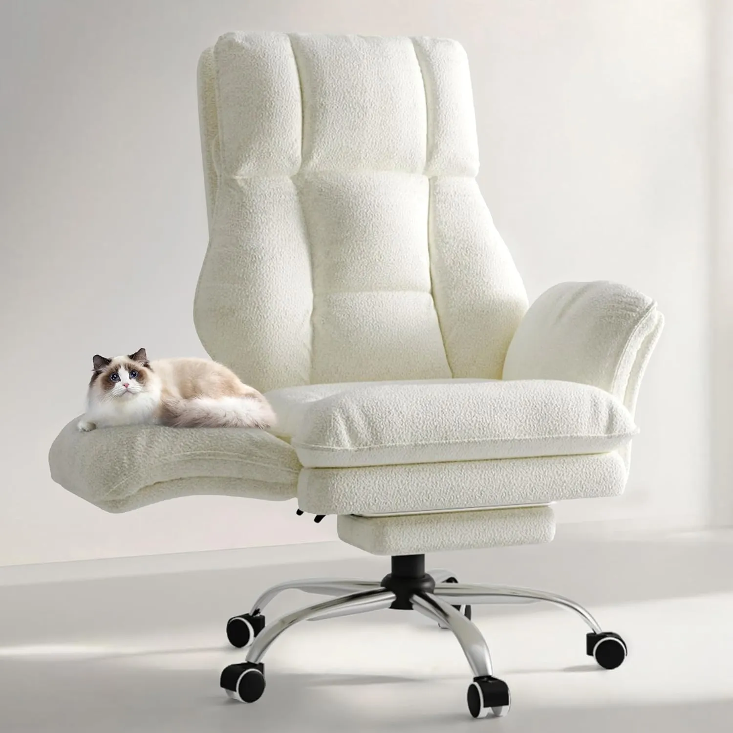 HOMRELEXA Bürostuhl mit Fußstütze, 135° für Home Office,Teddy-Stoff Weiß