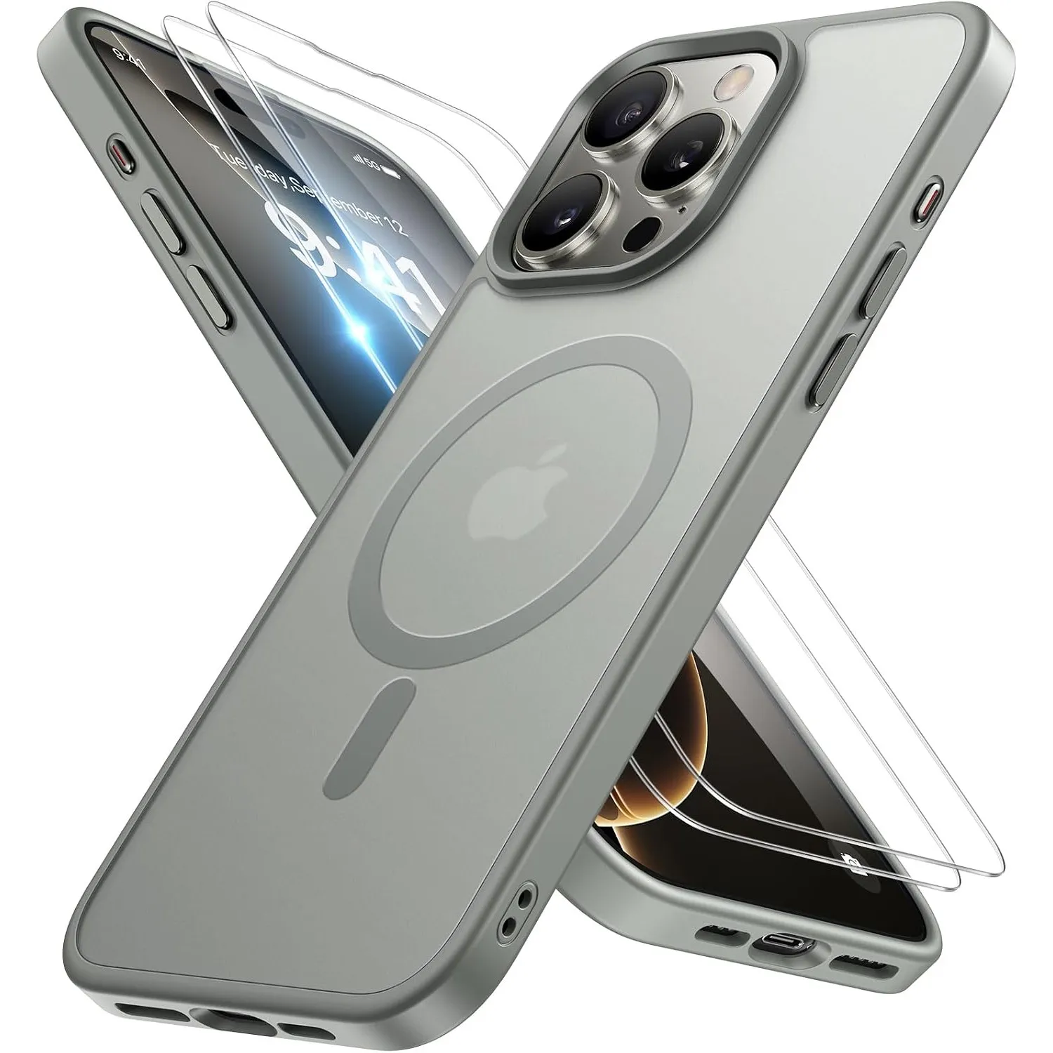 Miracase für iPhone 16 Pro Hülle mit Magsafe & 2 9H+ Panzerglas, Grau