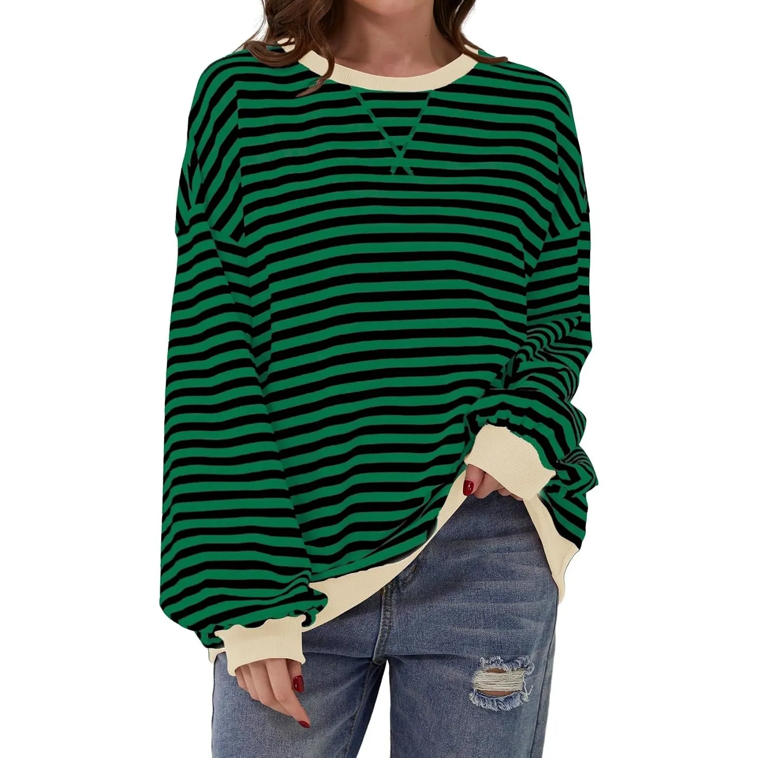 DUOEASE Pullover Damen Streifen Oversize Pullover Langarm Herbst Rundhals Sweatshirt Y2K Oberteile
