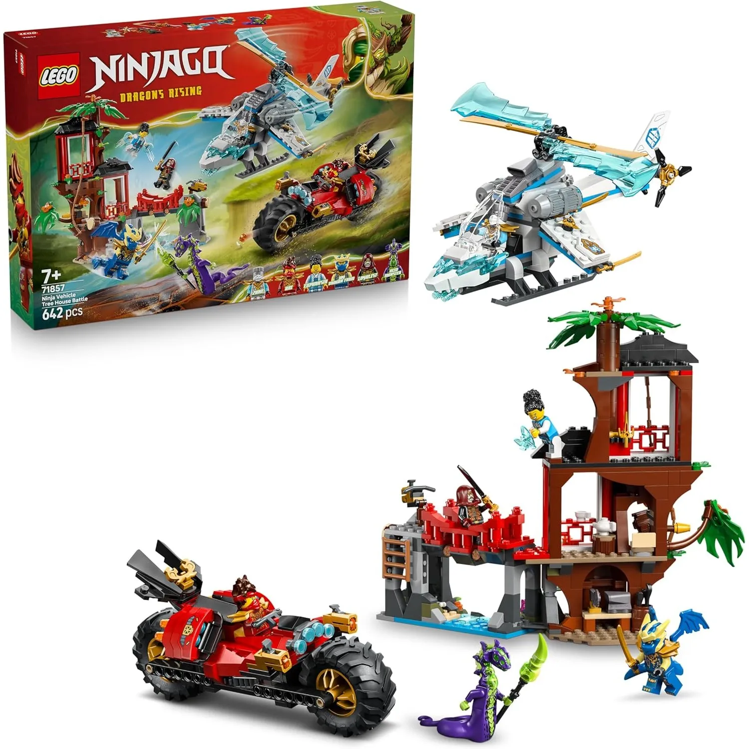 LEGO NINJAGO Showdown am Baumhaus mit dem Ninja-Bike - Action Spielzeug mit Motorrad, Hubschrauber, 6 Minifiguren und S…