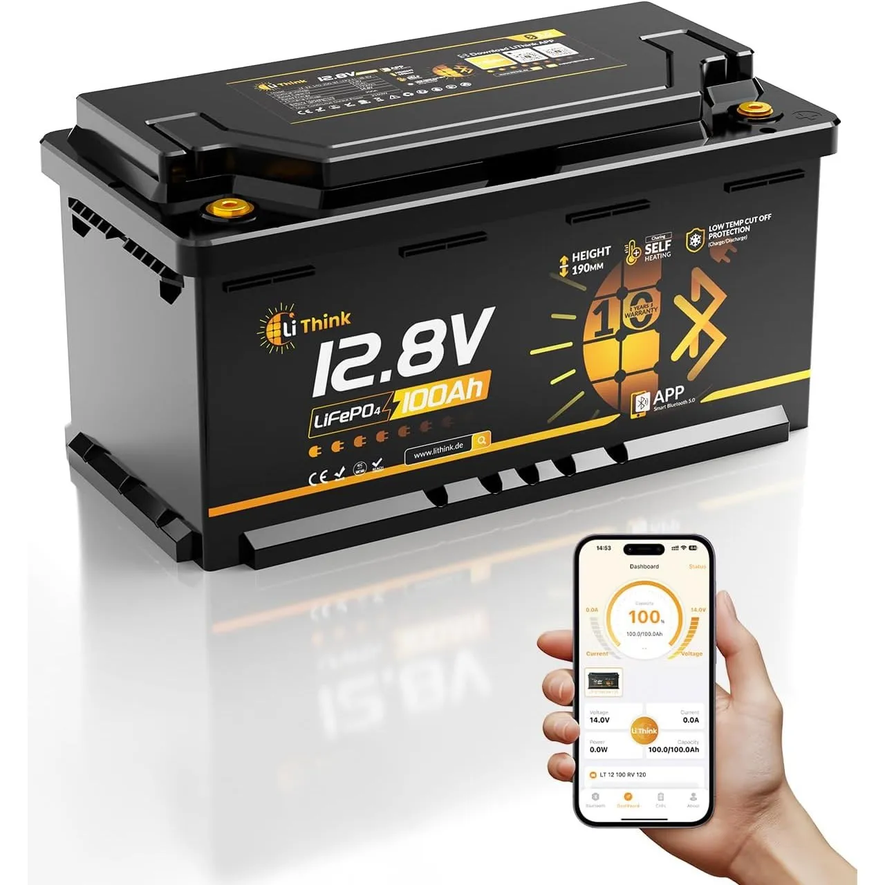LiFePO4 12V 100Ah H190 Lithium Batterie Bluetooth mit 120A BMS LTP&Heizung und Bis Zu 15000 Zyklens, 1280Wh Lithium Bat…