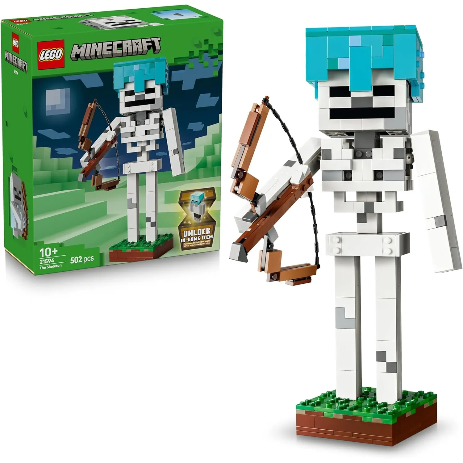 LEGO Minecraft Das Skelett - Mob Figur mit Diamanthelm, Bogen und Pfeil sowie Grasbasis als Zimmerdeko für Kinder - Gam…
