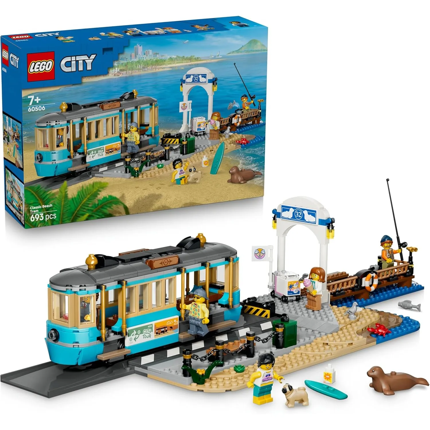 LEGO City Klassische Strandstraßenbahn Spielzeug - Modellbau mit Schienenstrecke, Straßenszene, 5 Minifiguren und 5 Tie…