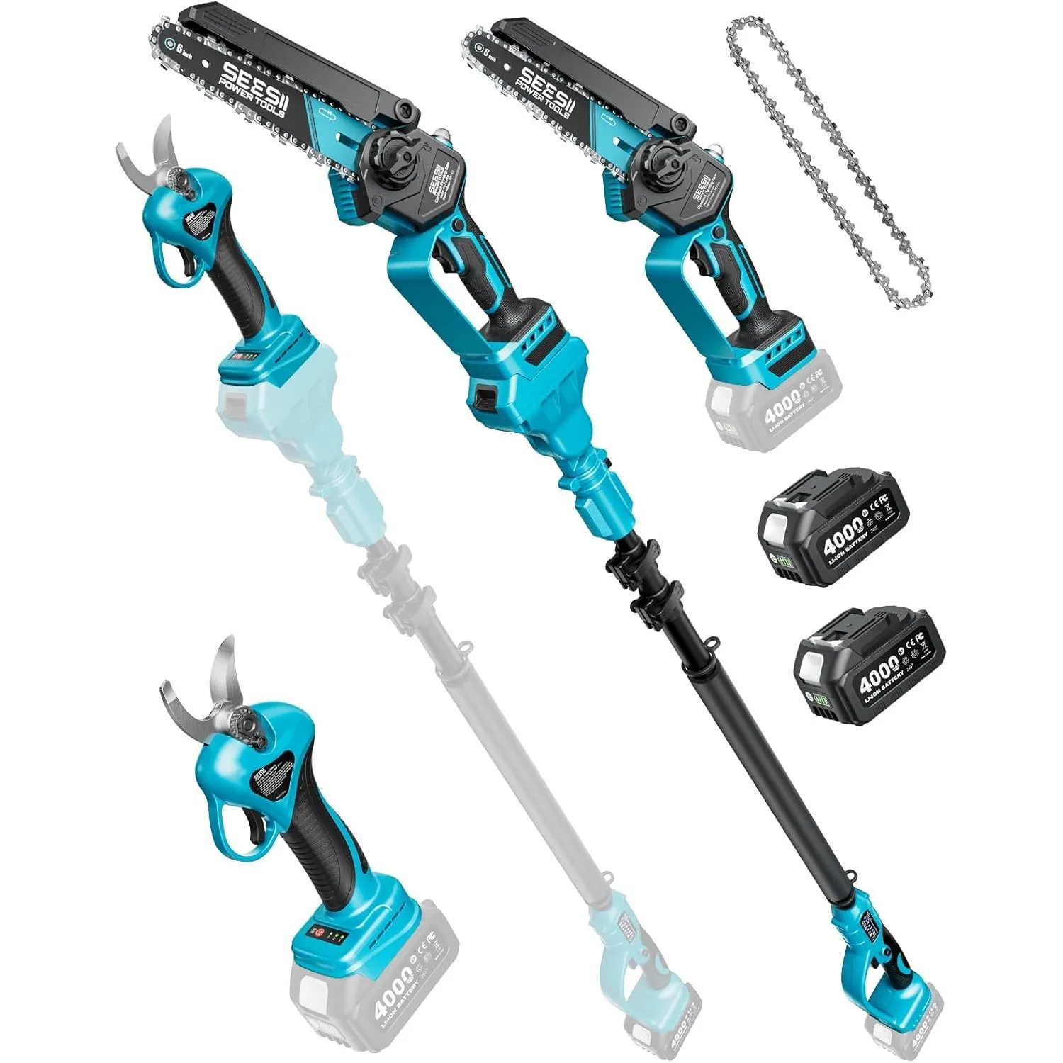 SEESII 4-In-1 Akku Astschere mit Teleskopstiel, Astsäge Akku für Garten | 6 Zoll Teleskop Mini Kettensäge & 33 mm Elekt…