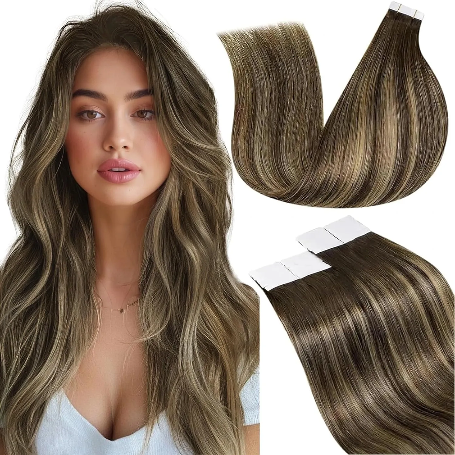 LaaVoo Braun Tape in Echthaar Extensions Balayage 55cm Extensions Echthaar Tape Dunkelbraun Ombre Karamellblond Tape in…