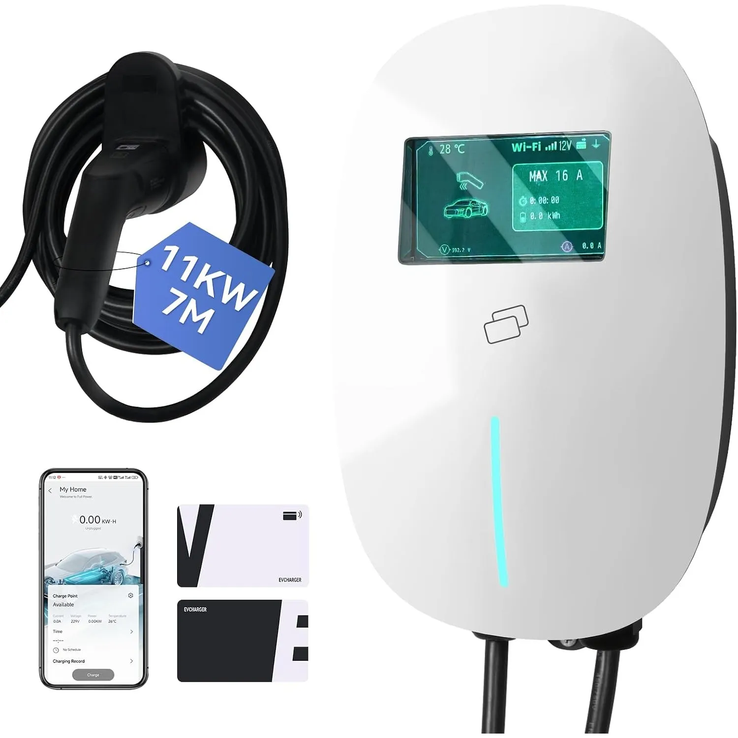 Fullwatt Wallbox 11kW mit APP RFID Typ 2 7M 3-Phasig für Alle EVs und PHEVs