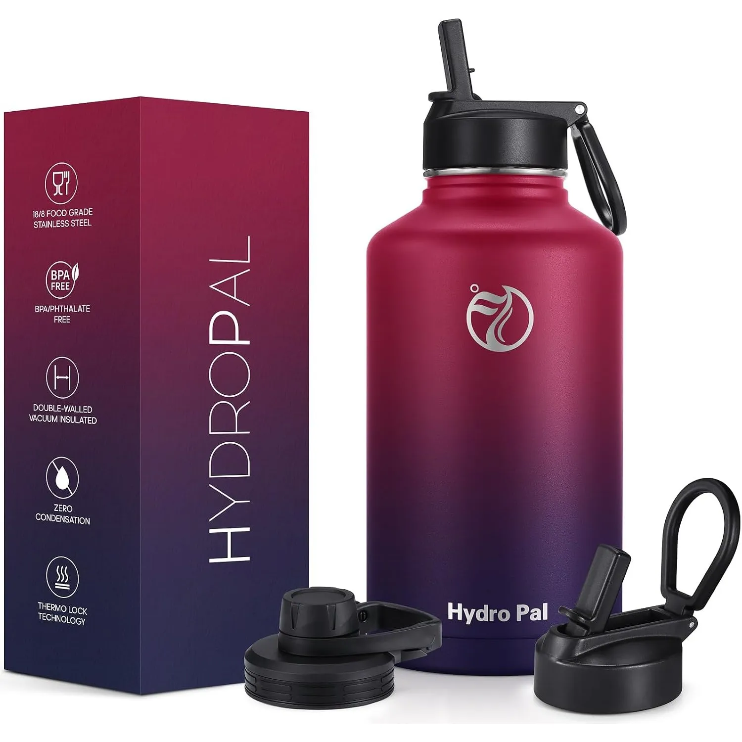HydroPal Edelstahl Isolierflasche,Trinkflasche mit Strohhalm 2 Deckel 1,9L