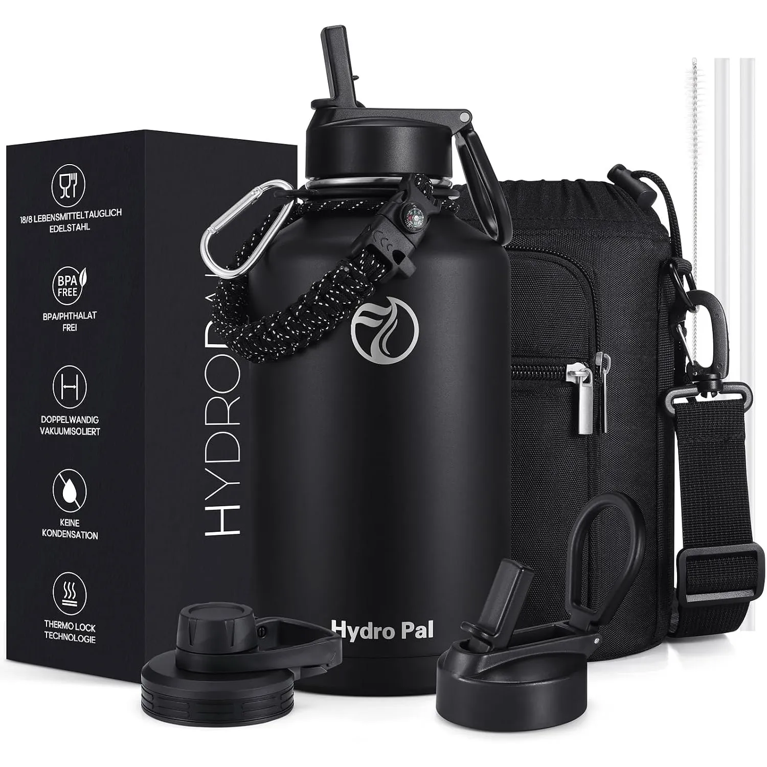 HydroPal 1.9L Edelstahl Isolierflasche,Trinkflasche mit Strohhalm 2 Deckel | BPA-frei, 24h kalt & 12h heiß Vakuumflasch…