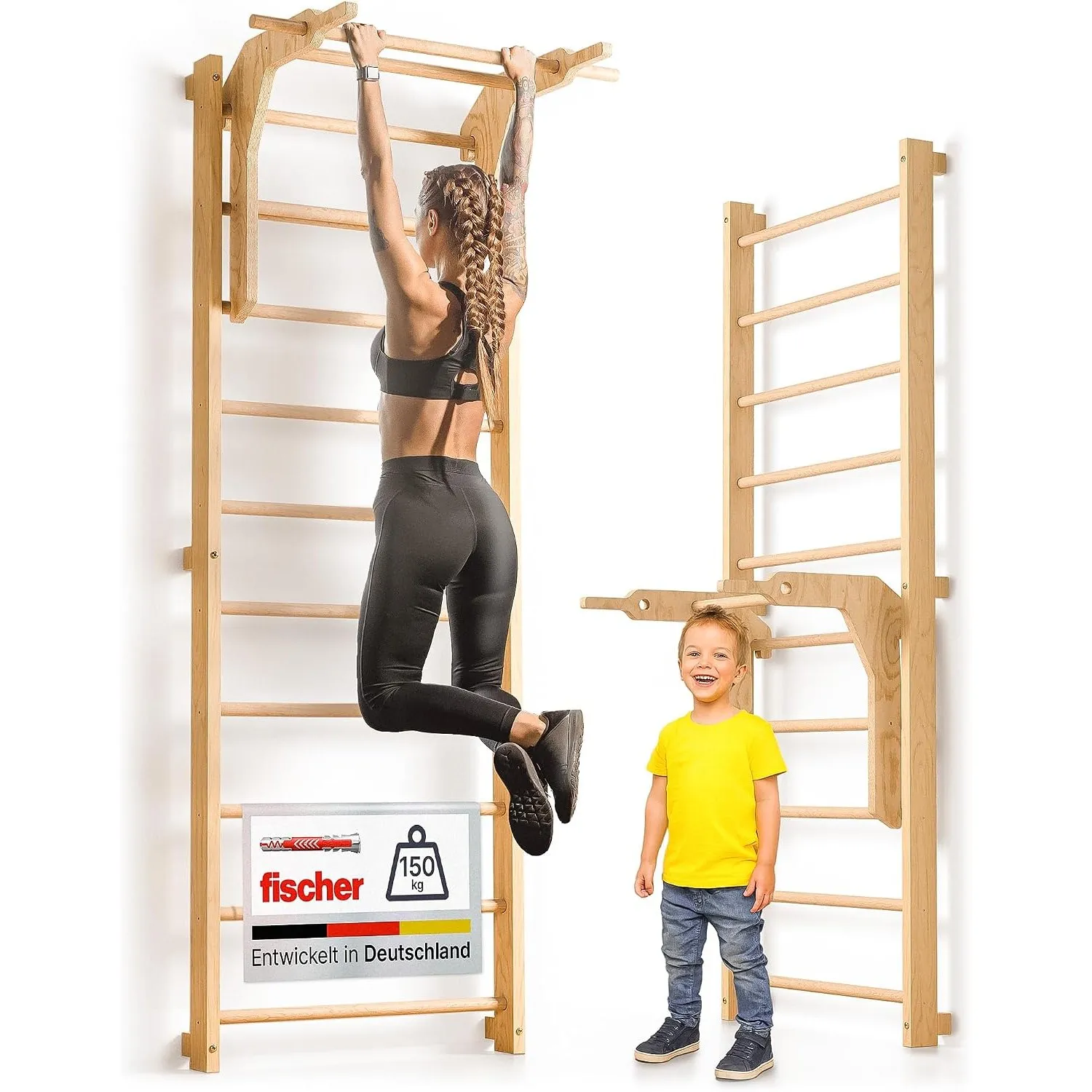Sprossenwand für Erwachsene und Kinder - inkl. Klimmzugstange & Dip Extension - Kletterwand und Sprossenwand Kinderzimm…