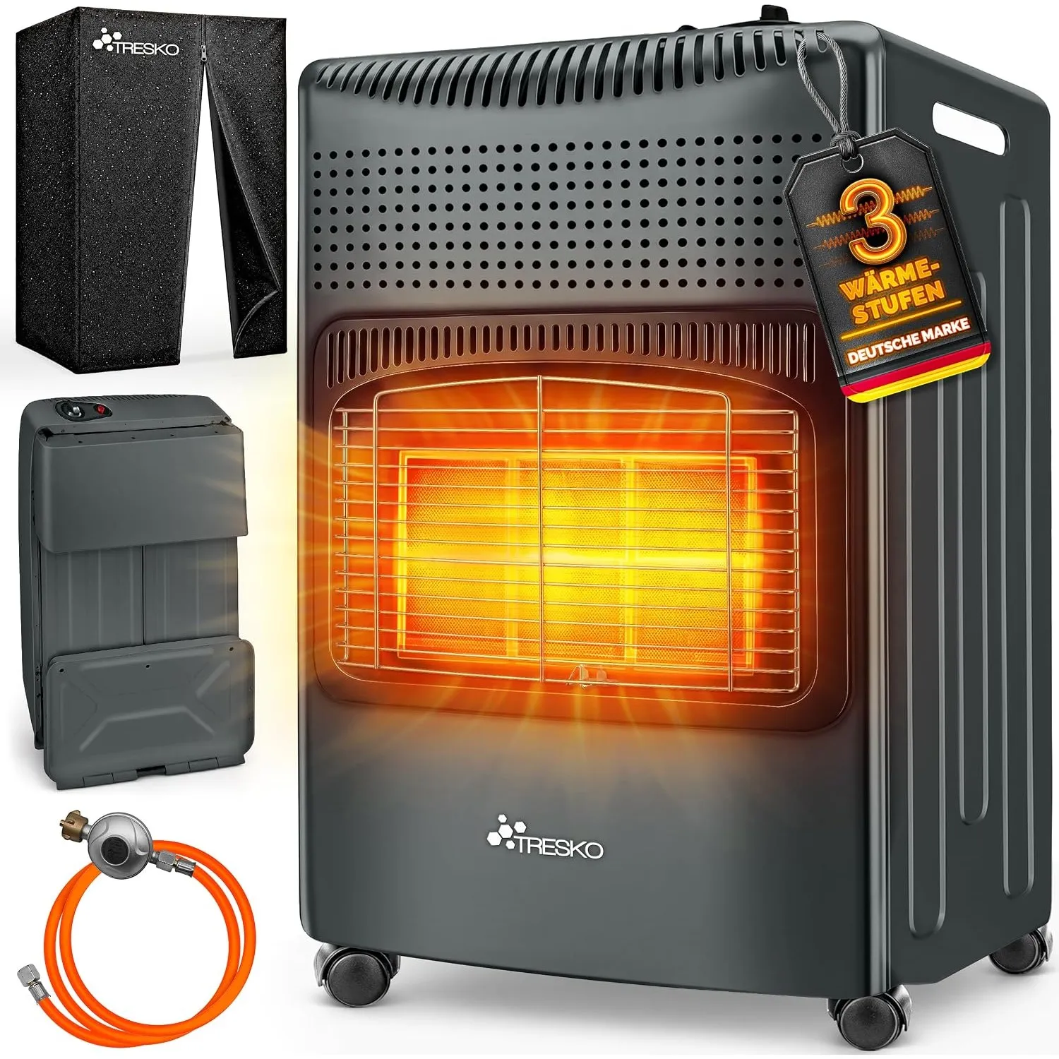 TRESKO® 4200 Watt Gasheizung inkl. Gasdruckregler Gasschlauch + Abdeckung