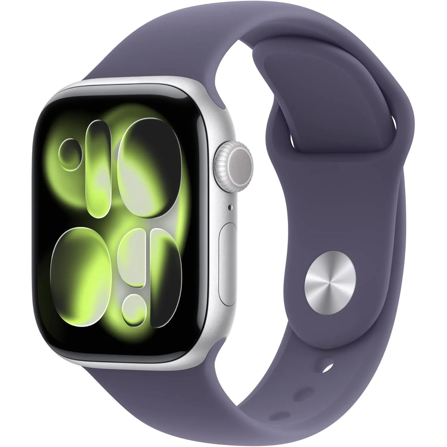 Apple Watch Series 11 GPS 42 mm Smartwatch mit Aluminiumgehäuse in Silber und Sportarmband in Nebelviolett (S/M). Schla…