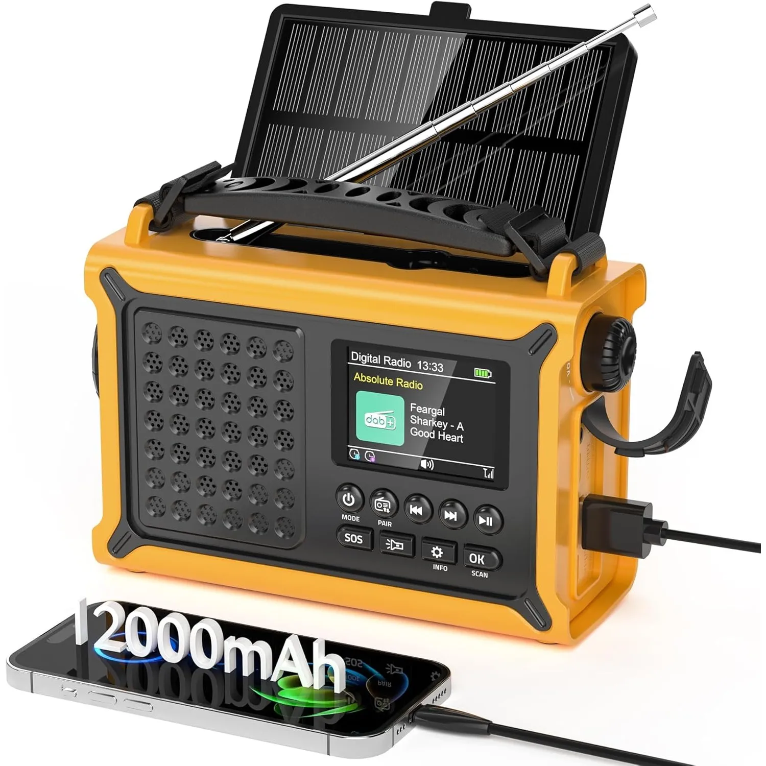 DAB/DAB+/UKW Digitalradio mit Bluetooth, Notfallradio mit Solar und Kurbel