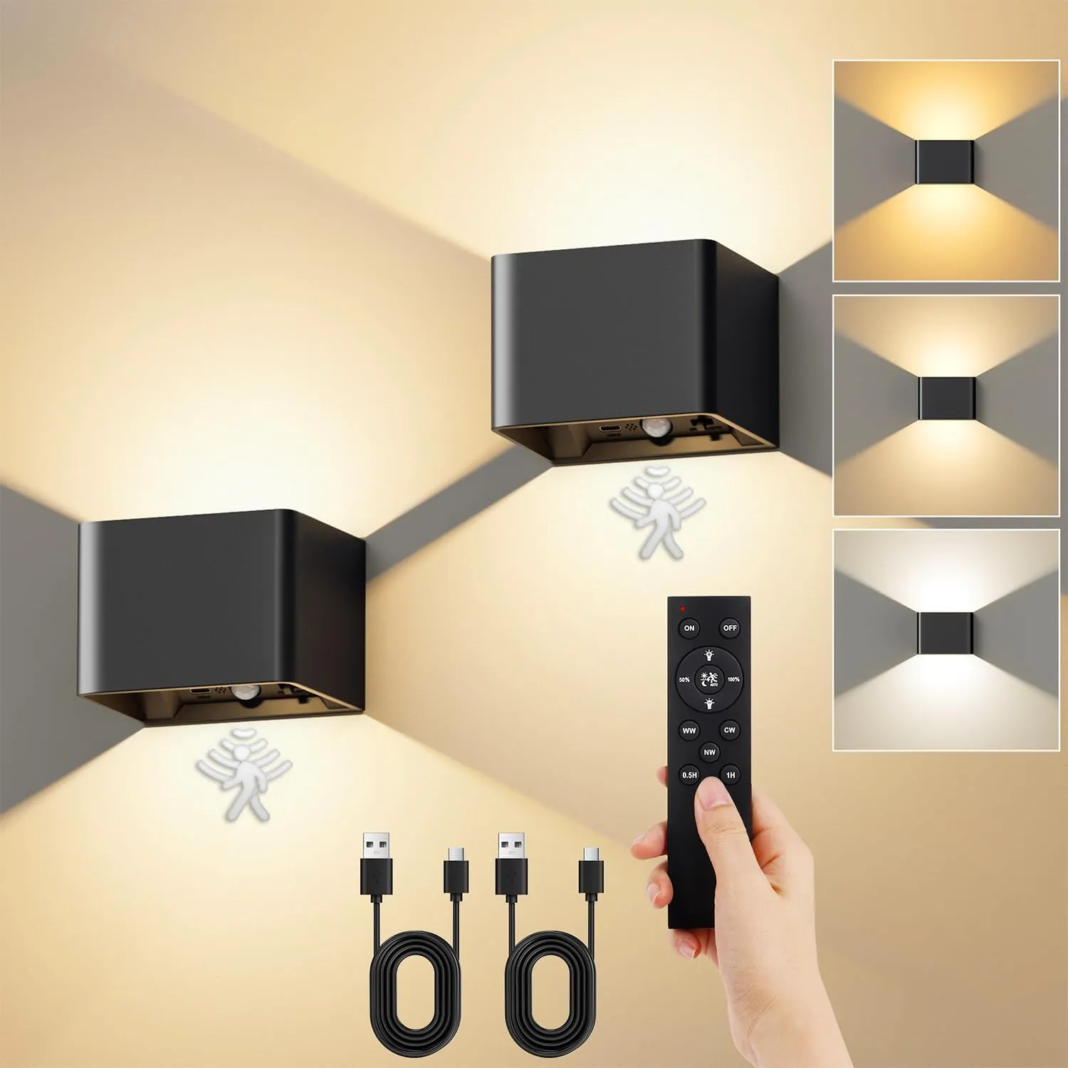 VIWAVE 2 Stück Akku Wandleuchte Innen mit Bewegungsmelder & Fernbedienung,3 Farben LED Wandleuchte Ohne Stromanschluss,…