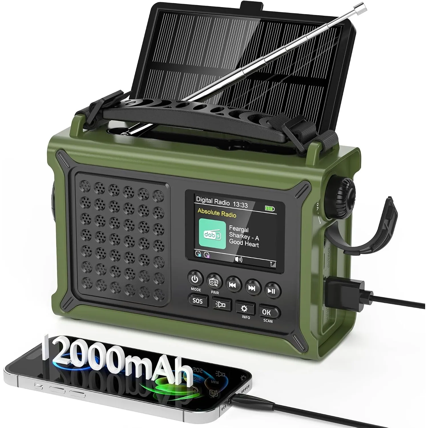 Kurbelradio DAB+/UKW mit 12000mAh Akku, Notfallradio mit 8500mm² Solarpanel