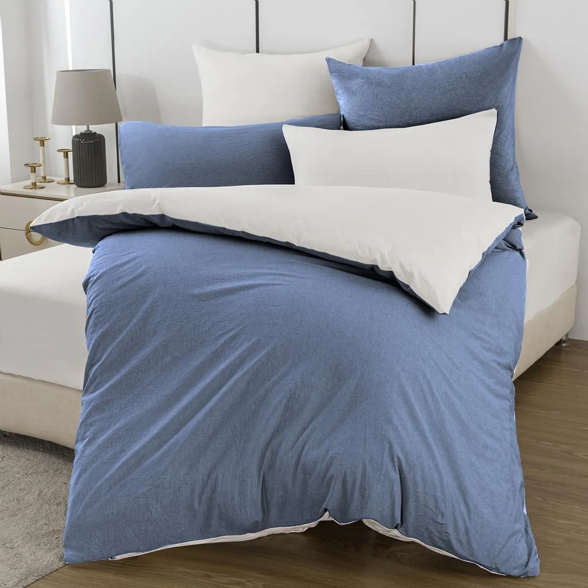 Bettwäsche 135x200 Baumwolle 2teilig, Denim Blue/Weiß