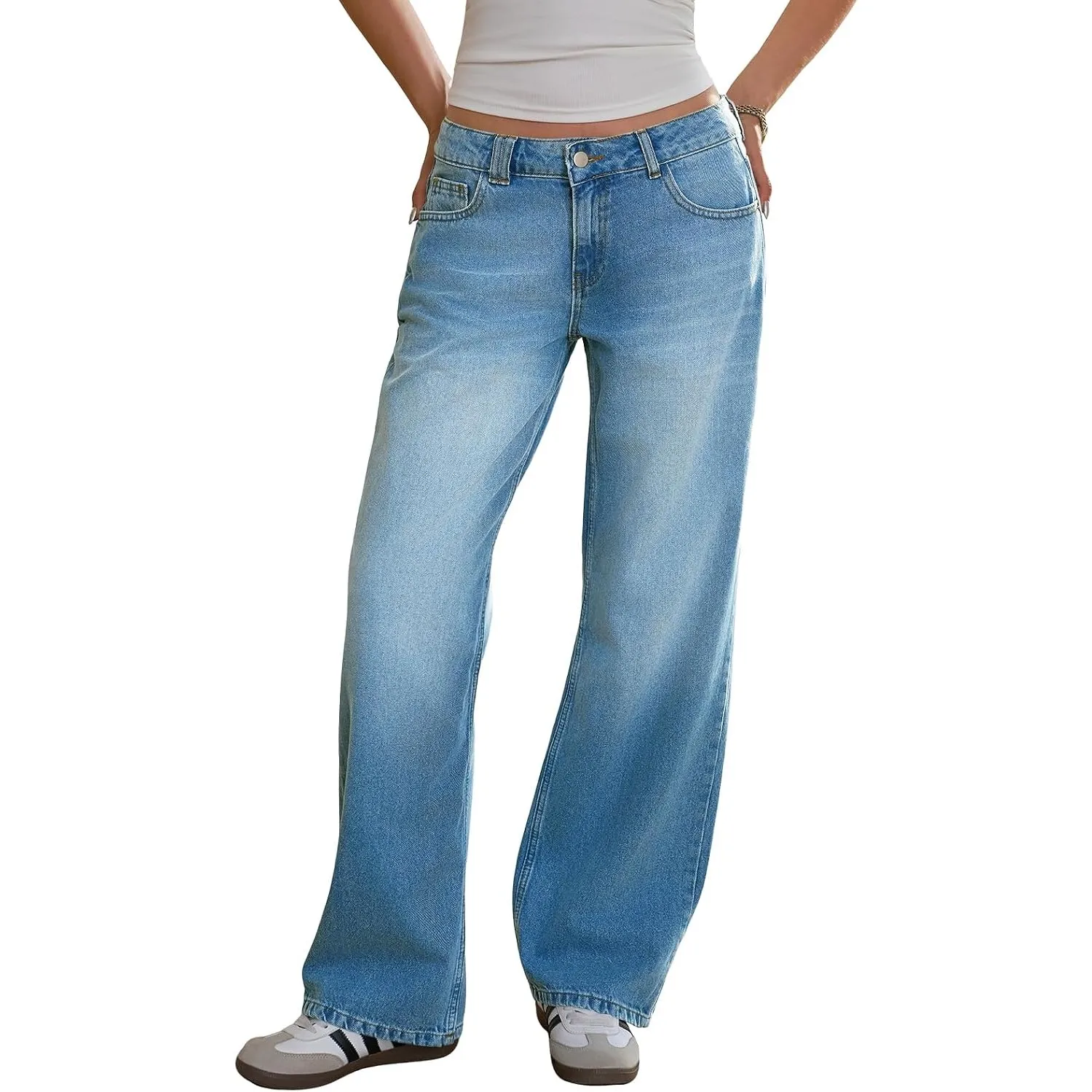 Fisoew Damen Jeans Baggy Weites Bein Mittlere Taille Jeanshose Straight Loose Fit Denim Hose