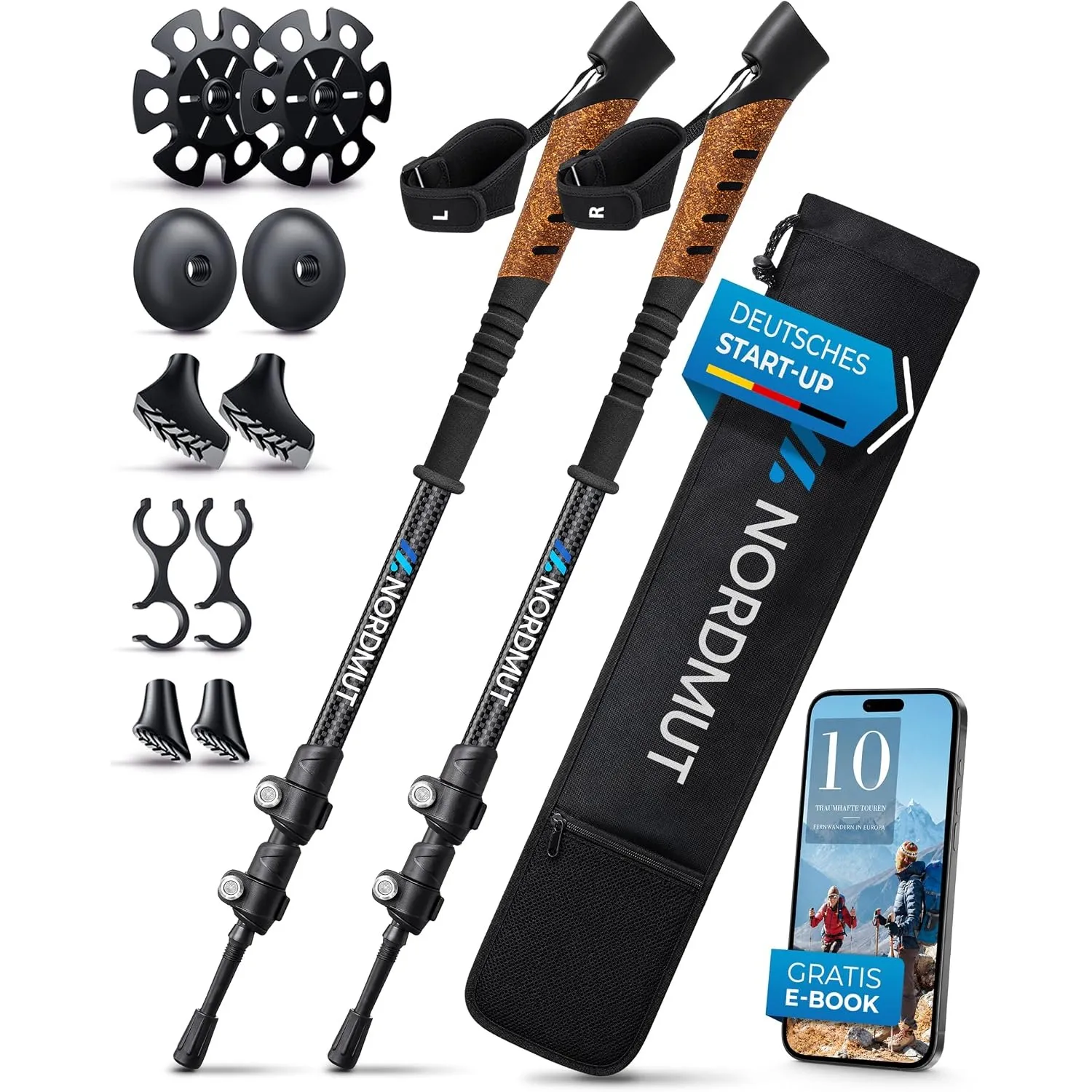 NORDMUT® Wanderstöcke Teleskop aus stabilen Aluminium oder Carbon - Leichte Nordic Walking Stöcke Damen und Herren - Ko…