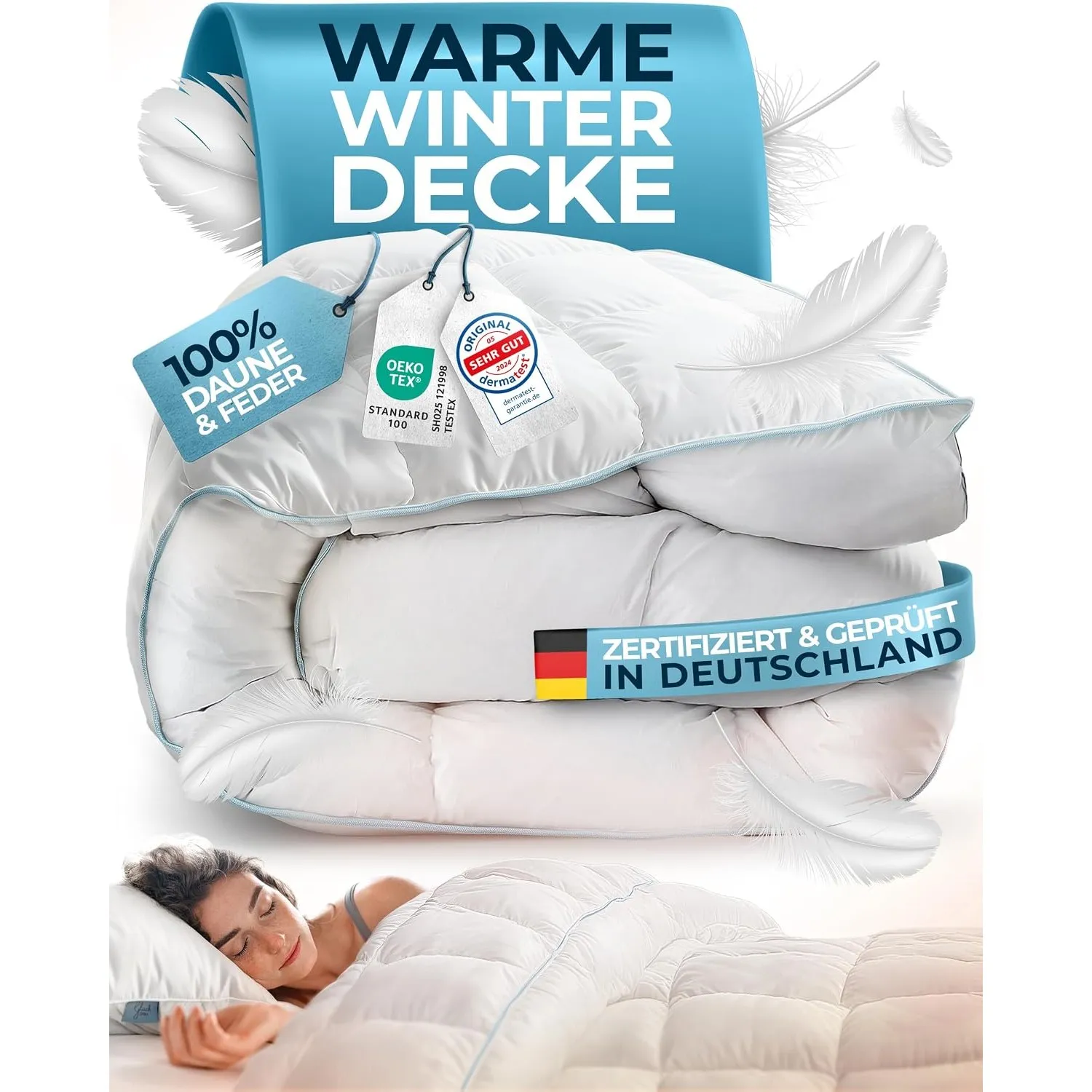 Glückstoff® Winterdecke aus Federn und Daunen 155x220cm [Zertifiziert in Deutschland] - Dicke Bettdecke Winter Waschbar…