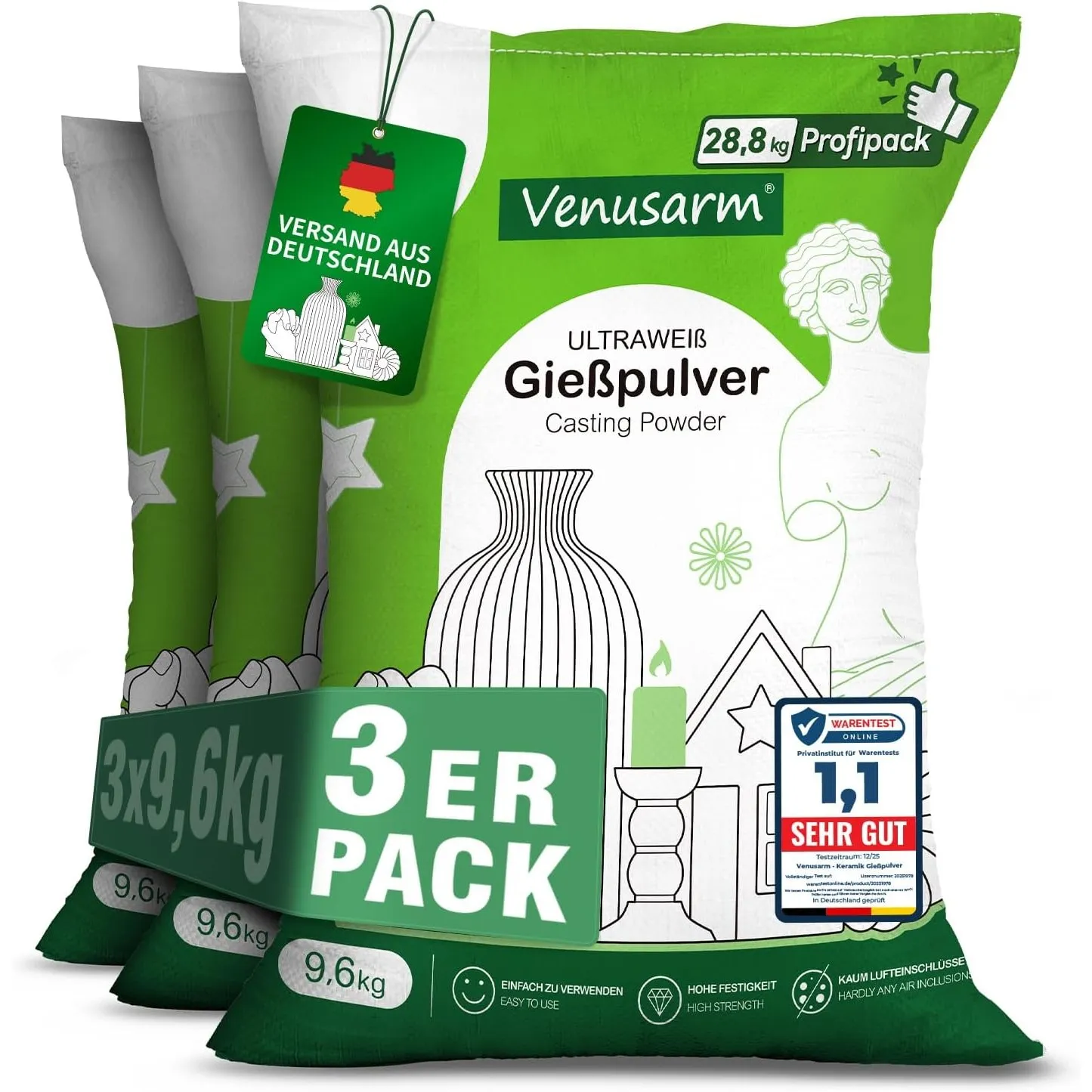 Keramik Gießpulver Weiß 28,8kg, Reliefgießpulver Lufthärtend und Geruchslos | [TESTSIEGER] Extraweiß Gips zum Gießen Na…