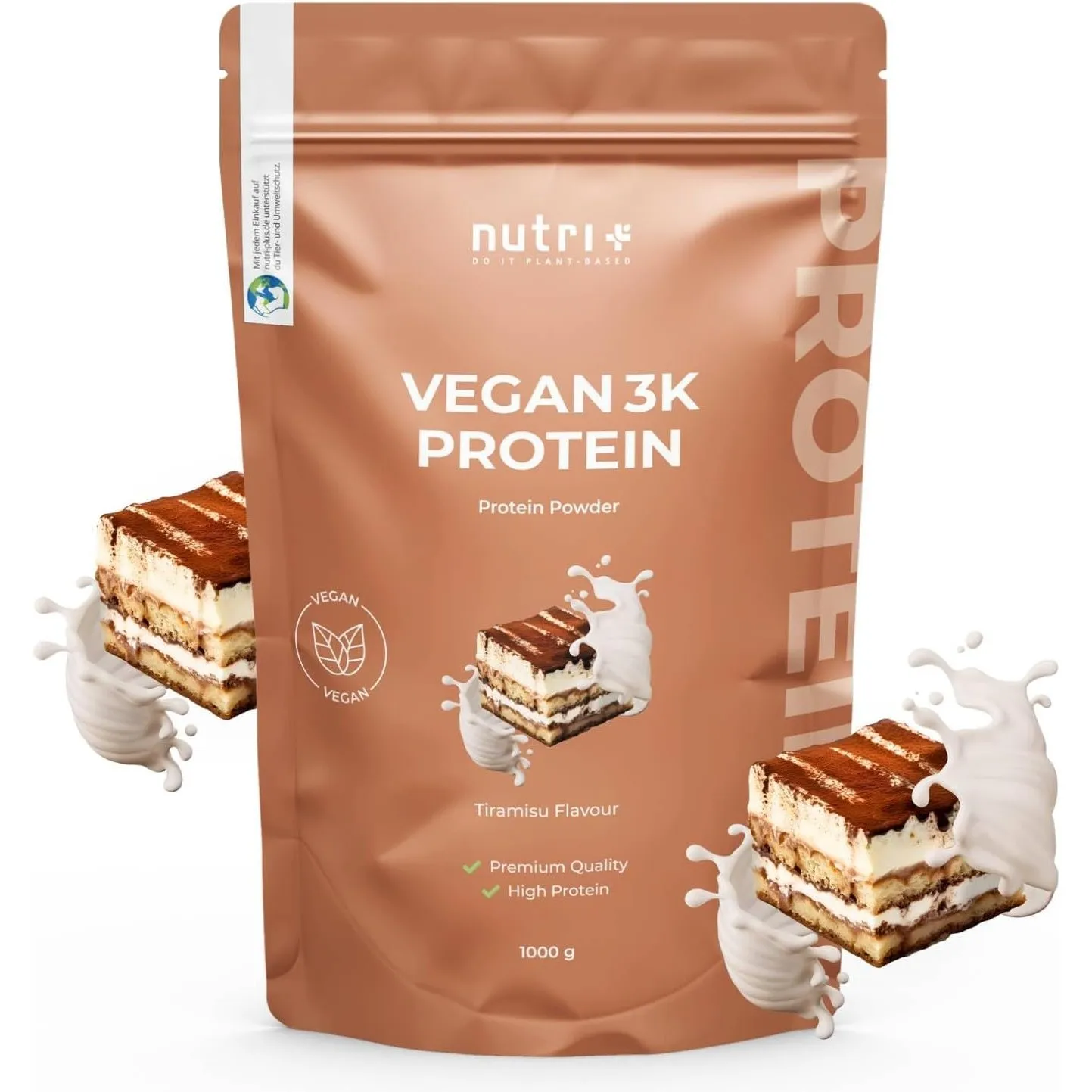 Nutri + Veganes Proteinpulver Tiramisu - 1 kg Proteinshake - 3k Eiweißpulver - Vegan Protein Pulver 1000 g - unverschäm…